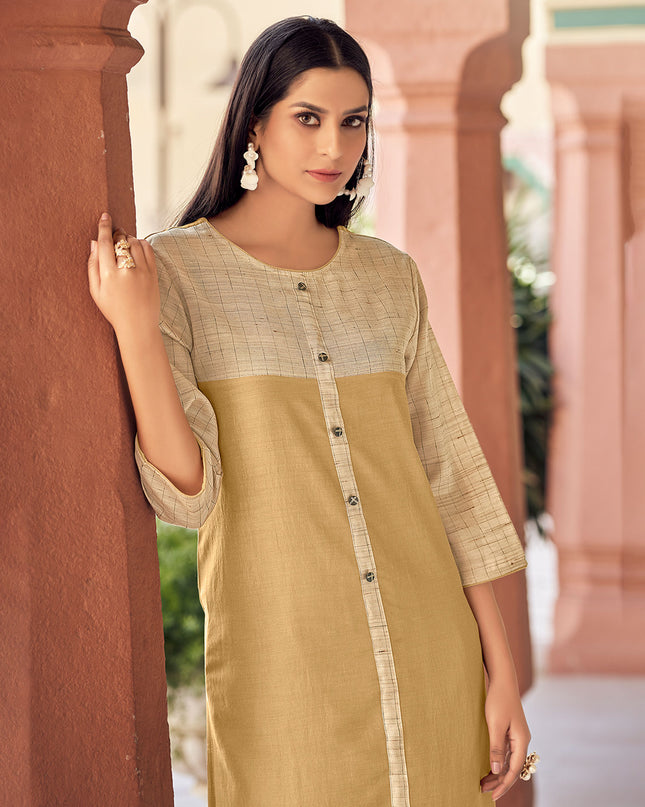 Laxmipati Bsy & Banjara Multani Brown  Kurti With Two Fabrics By Giving Different Princess Lines , Fancy Yoke , Classy Necklines And Sleeve With Comfy Cuff.