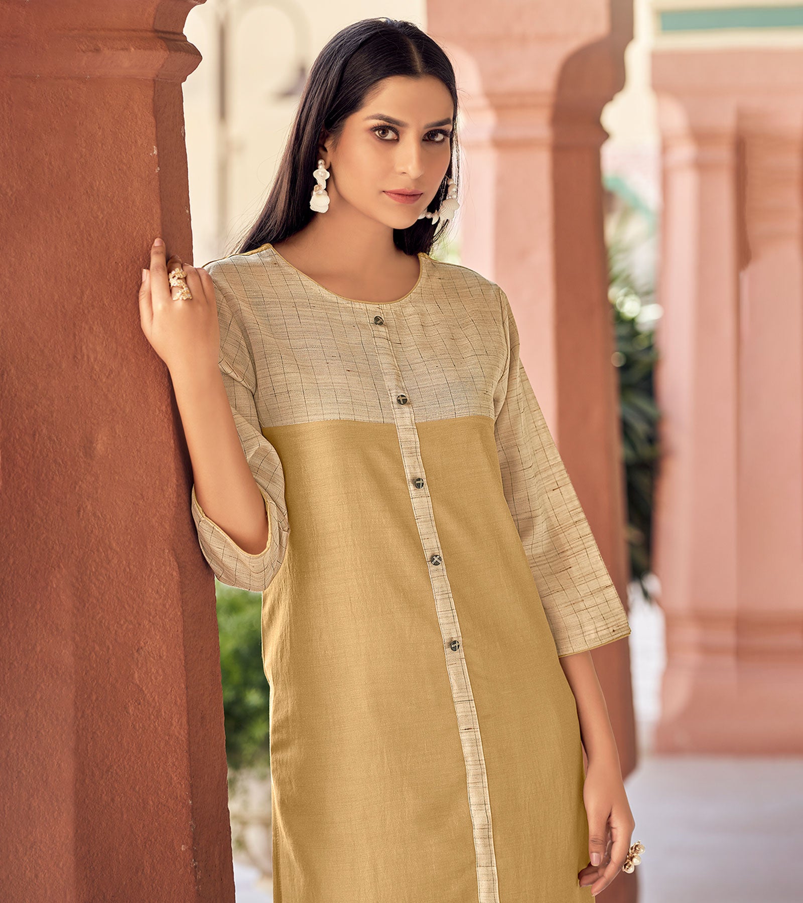 Laxmipati Bsy & Banjara Multani Brown Kurti With Two Fabrics By Giving Different Princess Lines , Fancy Yoke , Classy Necklines And Sleeve With Comfy Cuff.