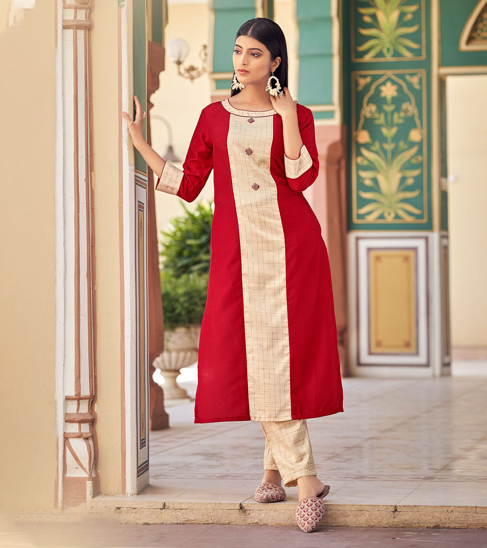 Laxmipati Bsy & Banjara Fresh Red Kurti With Two Fabrics By Giving Different Princess Lines , Fancy Yoke , Classy Necklines And Sleeve With Comfy Cuff.