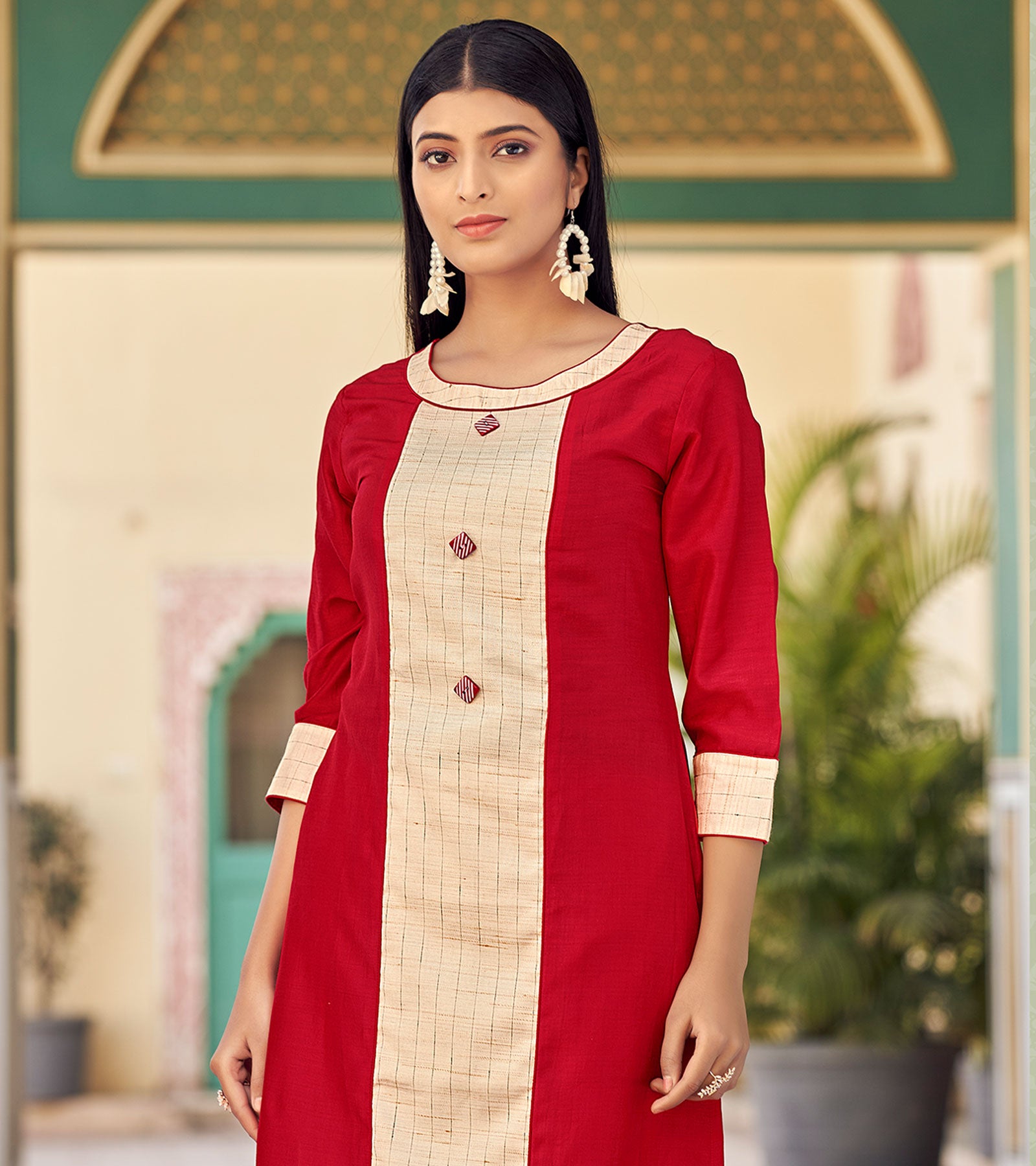 Laxmipati Bsy & Banjara Fresh Red Kurti With Two Fabrics By Giving Different Princess Lines , Fancy Yoke , Classy Necklines And Sleeve With Comfy Cuff.
