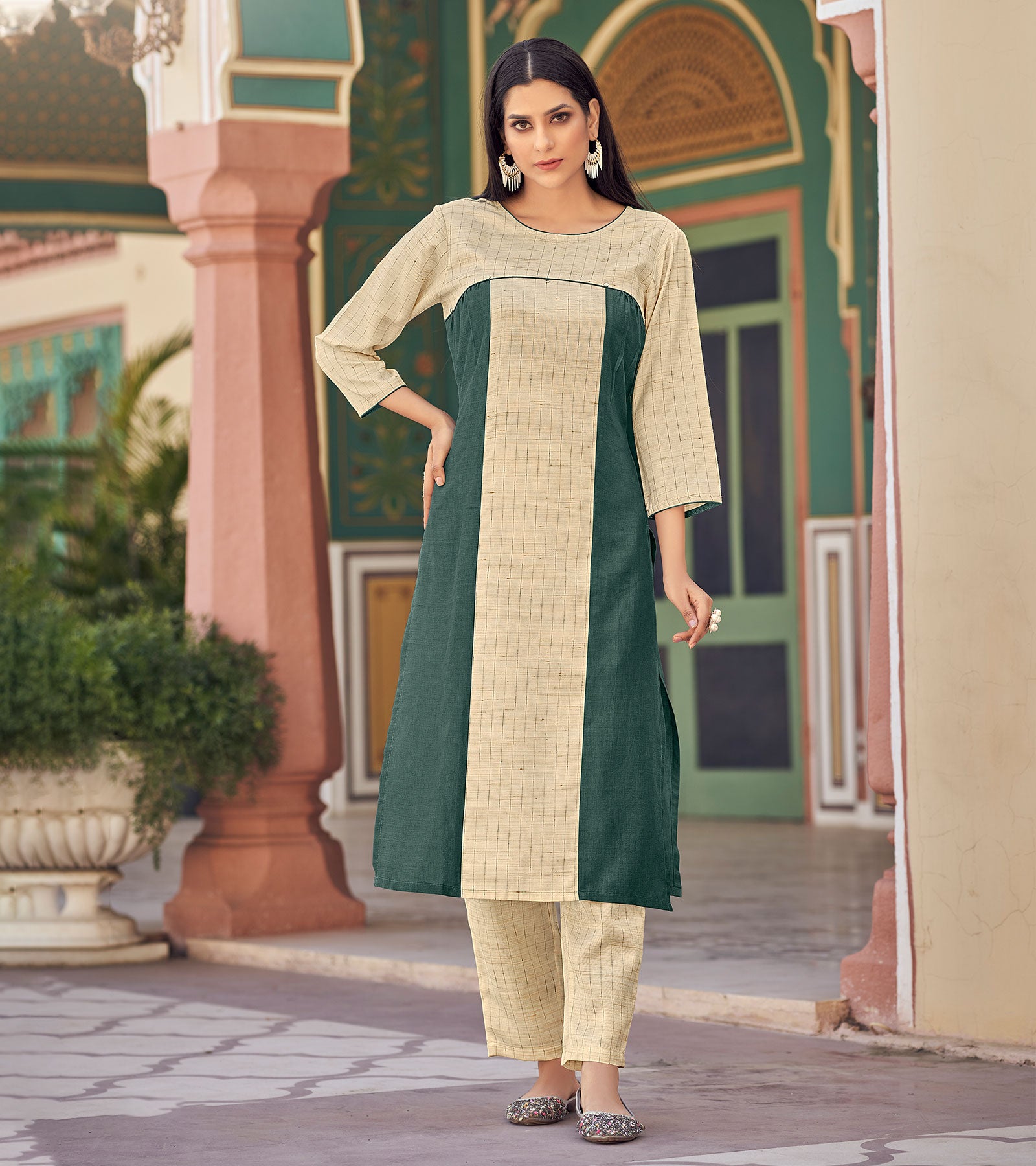 Laxmipati Bsy & Banjara Green Bay Kurti With Two Fabrics By Giving Different Princess Lines , Fancy Yoke , Classy Necklines And Sleeve With Comfy Cuff.