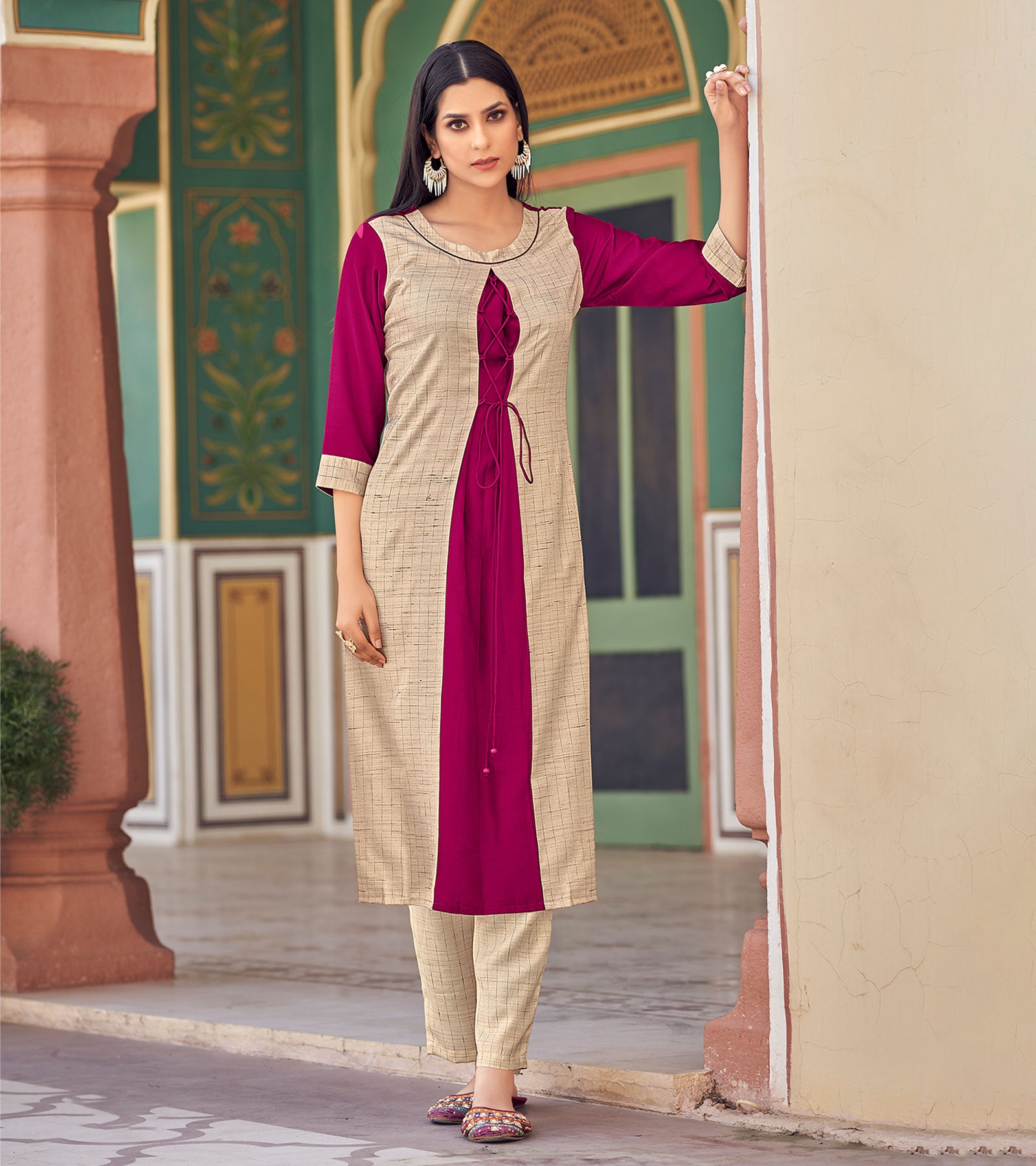 Laxmipati Bsy & Banjara Jazzberry Jam Pink Kurti With Two Fabrics By Giving Different Princess Lines , Fancy Yoke , Classy Necklines And Sleeve With Comfy Cuff.