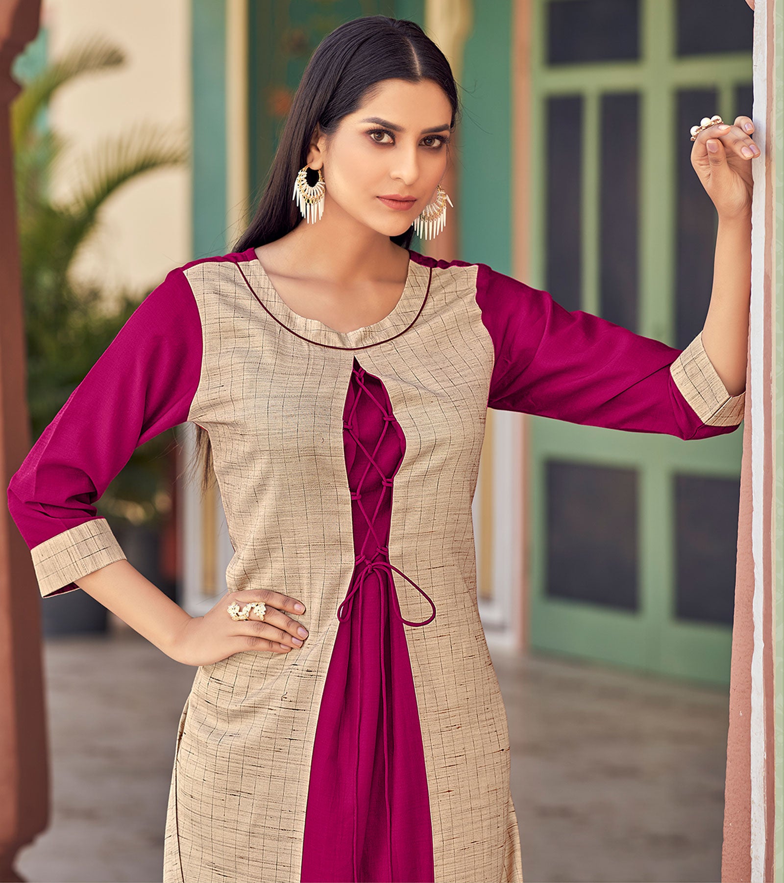 Laxmipati Bsy & Banjara Jazzberry Jam Pink Kurti With Two Fabrics By Giving Different Princess Lines , Fancy Yoke , Classy Necklines And Sleeve With Comfy Cuff.