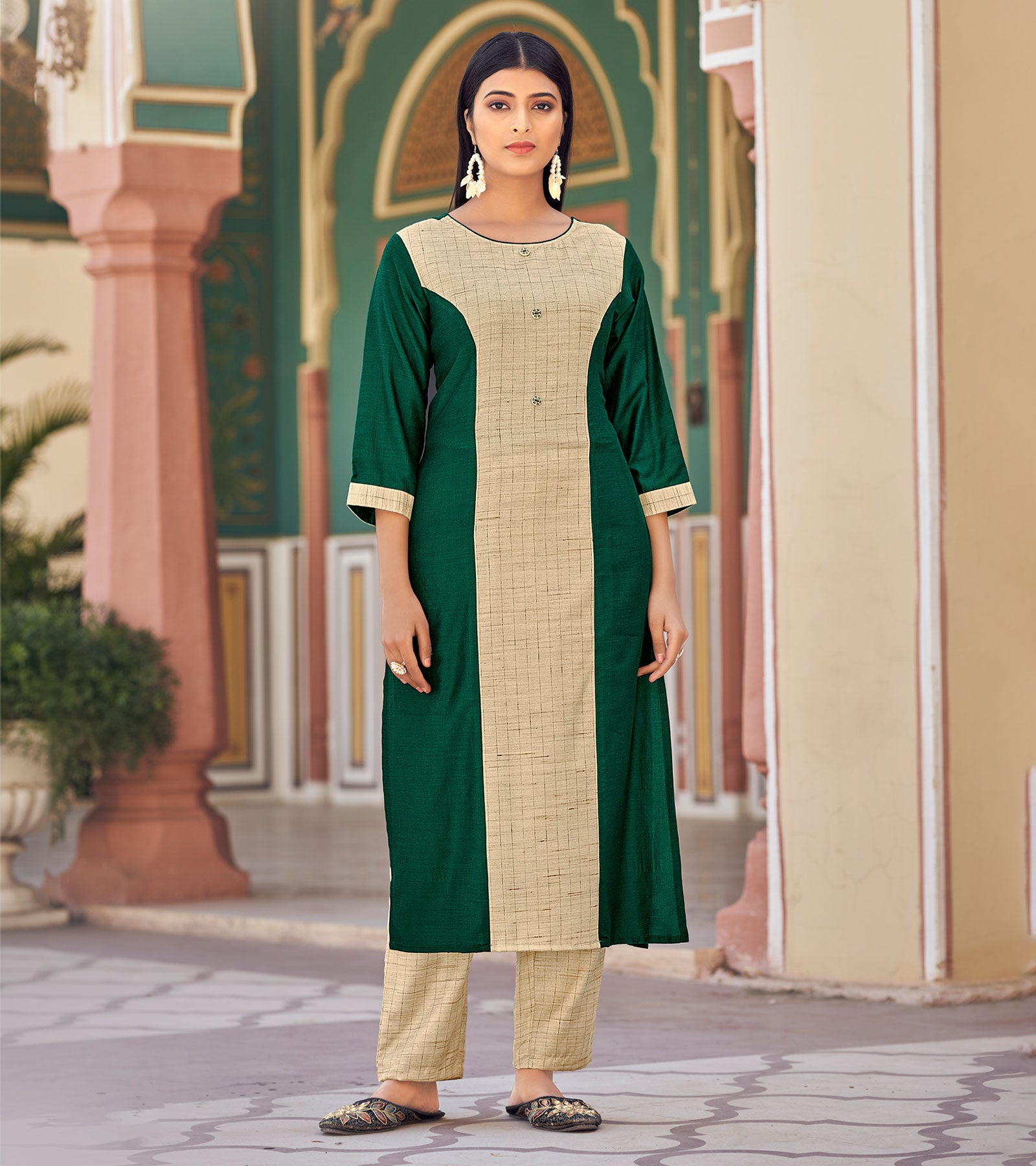 Laxmipati Bsy & Banjara Night Green Kurti With Two Fabrics By Giving Different Princess Lines , Fancy Yoke , Classy Necklines And Sleeve With Comfy Cuff.