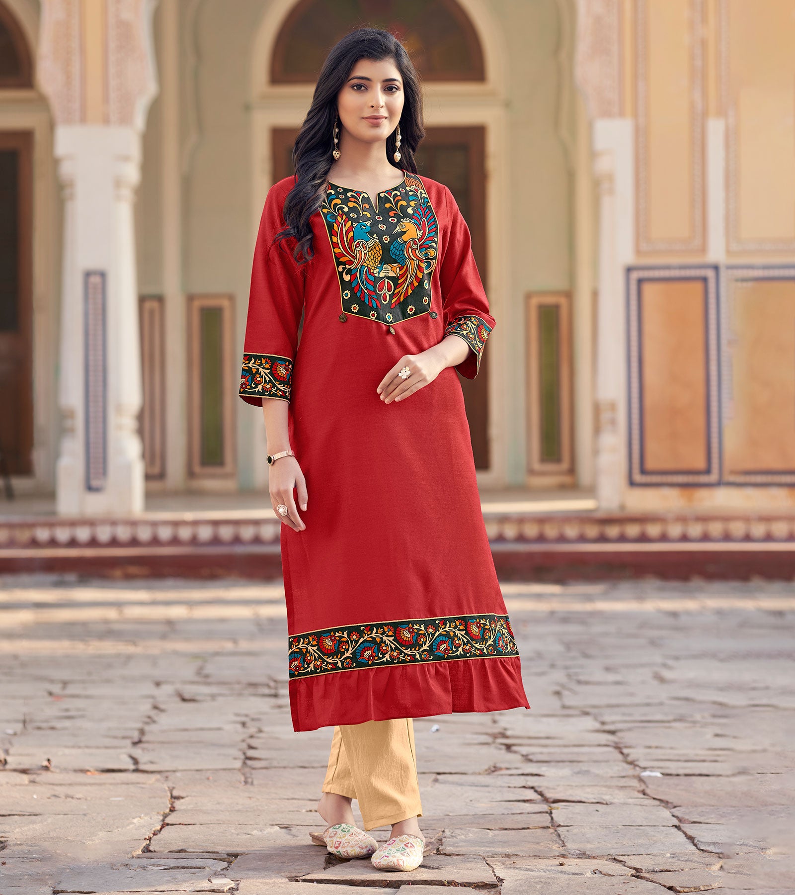 Laxmipati Swiss Slue Ruby Red Straight Kurta