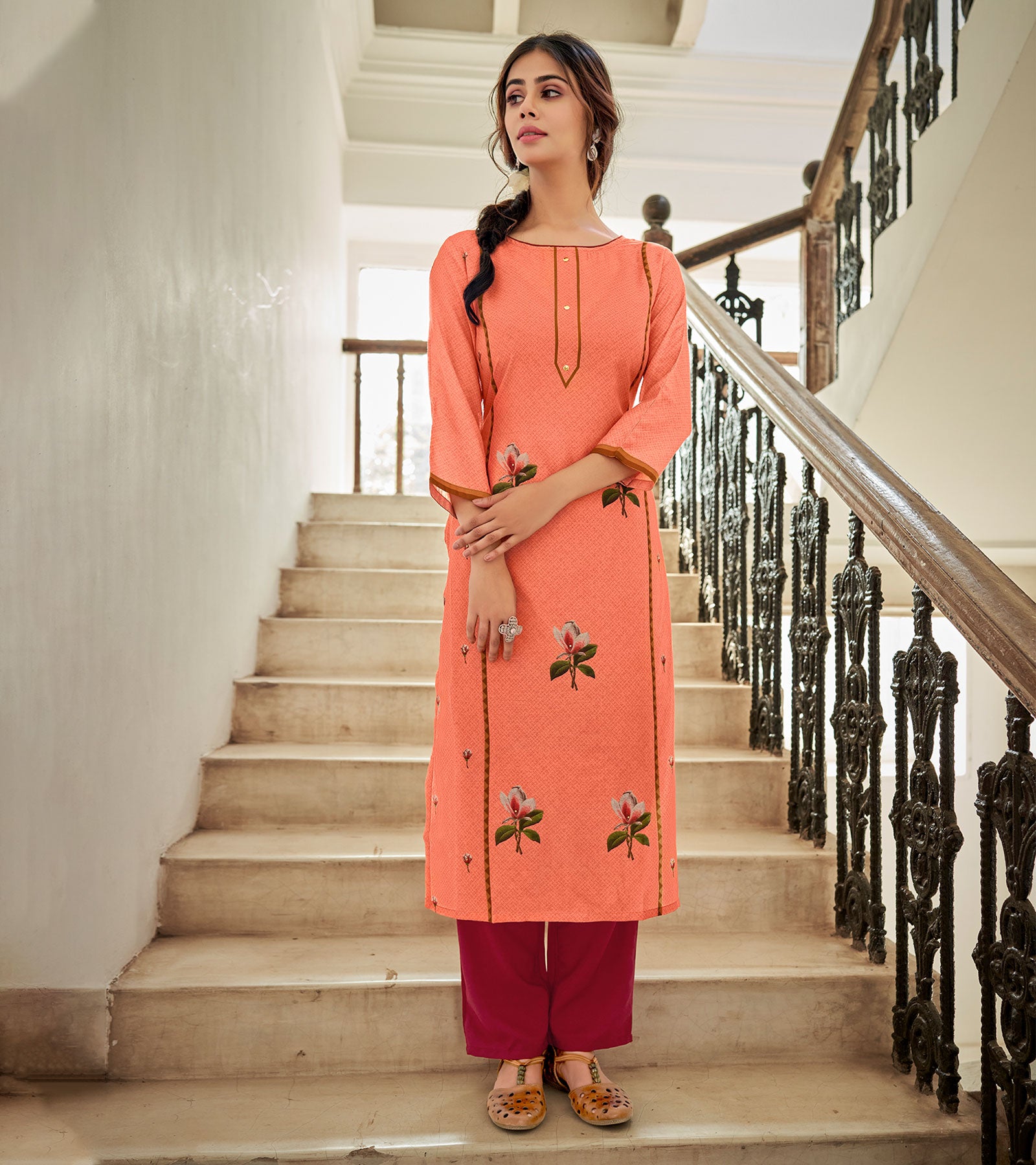 Laxmipati Muslin Sunkissed Peach Straight Cut Kurti With Digital Print
