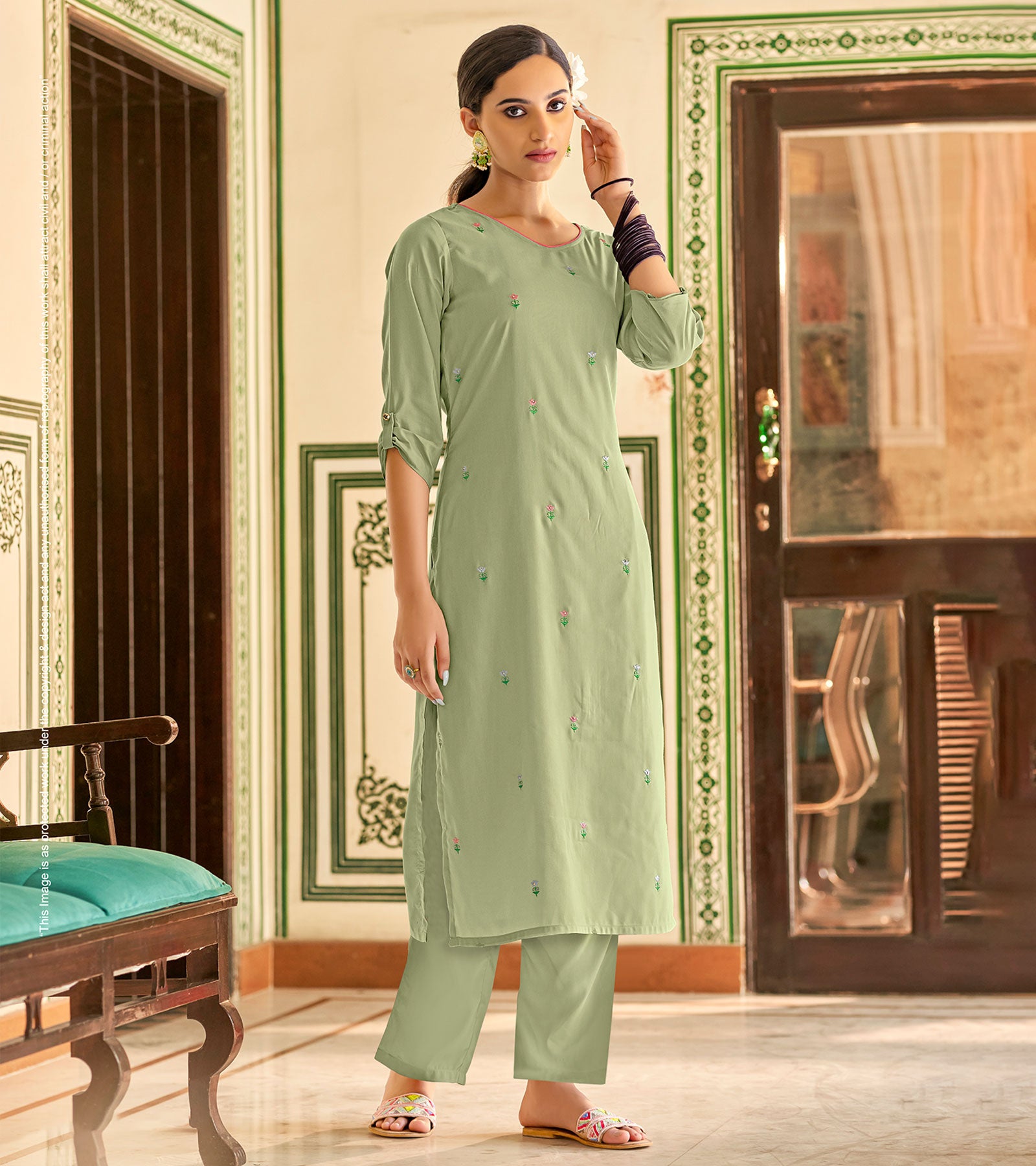 Laxmipati Muslin Pista Green Straight Cut Kurti With Embroidery Butti