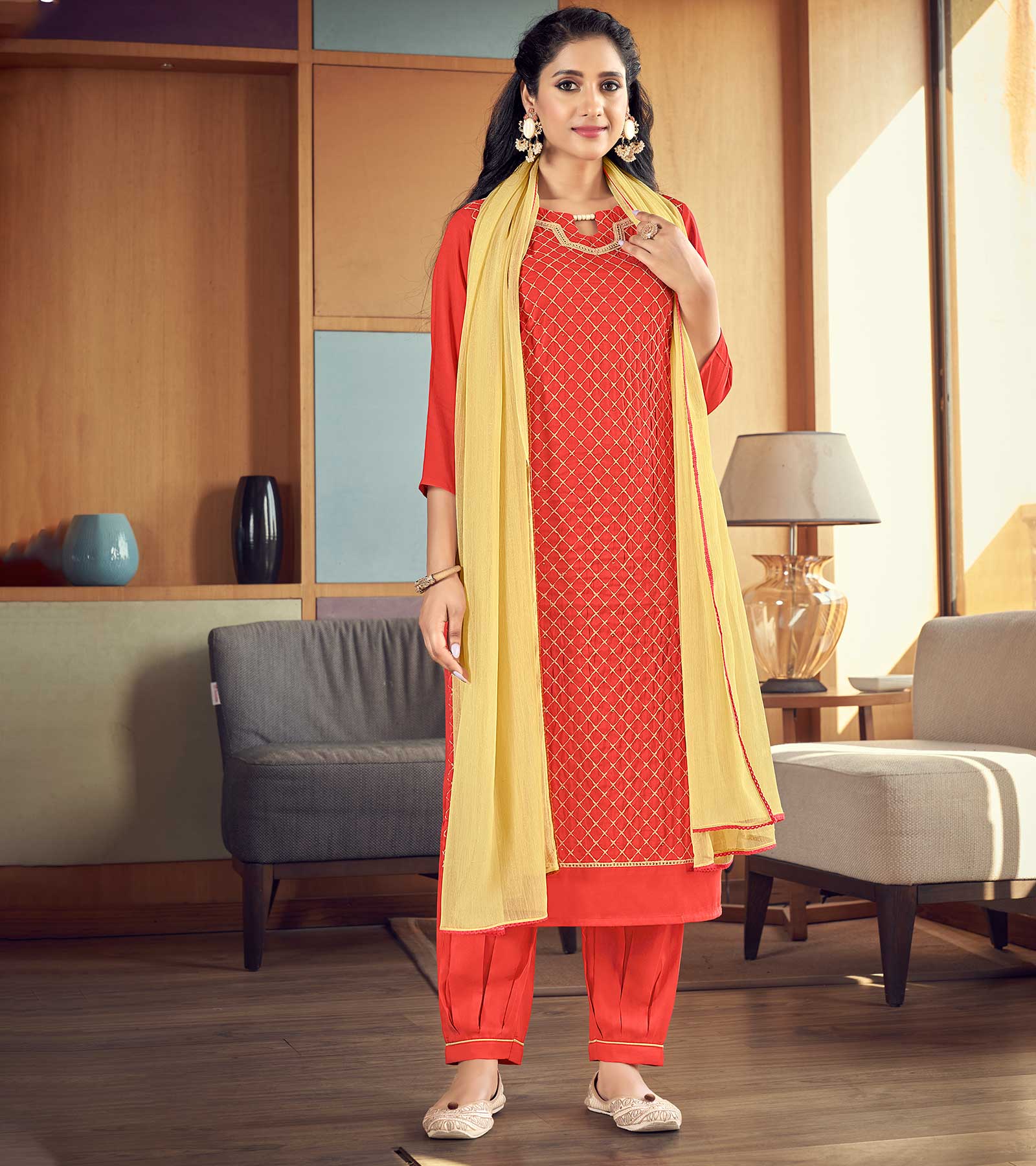 Laxmipati Scarlet Orange Straight Cut Kurti, Pant & Dupatta