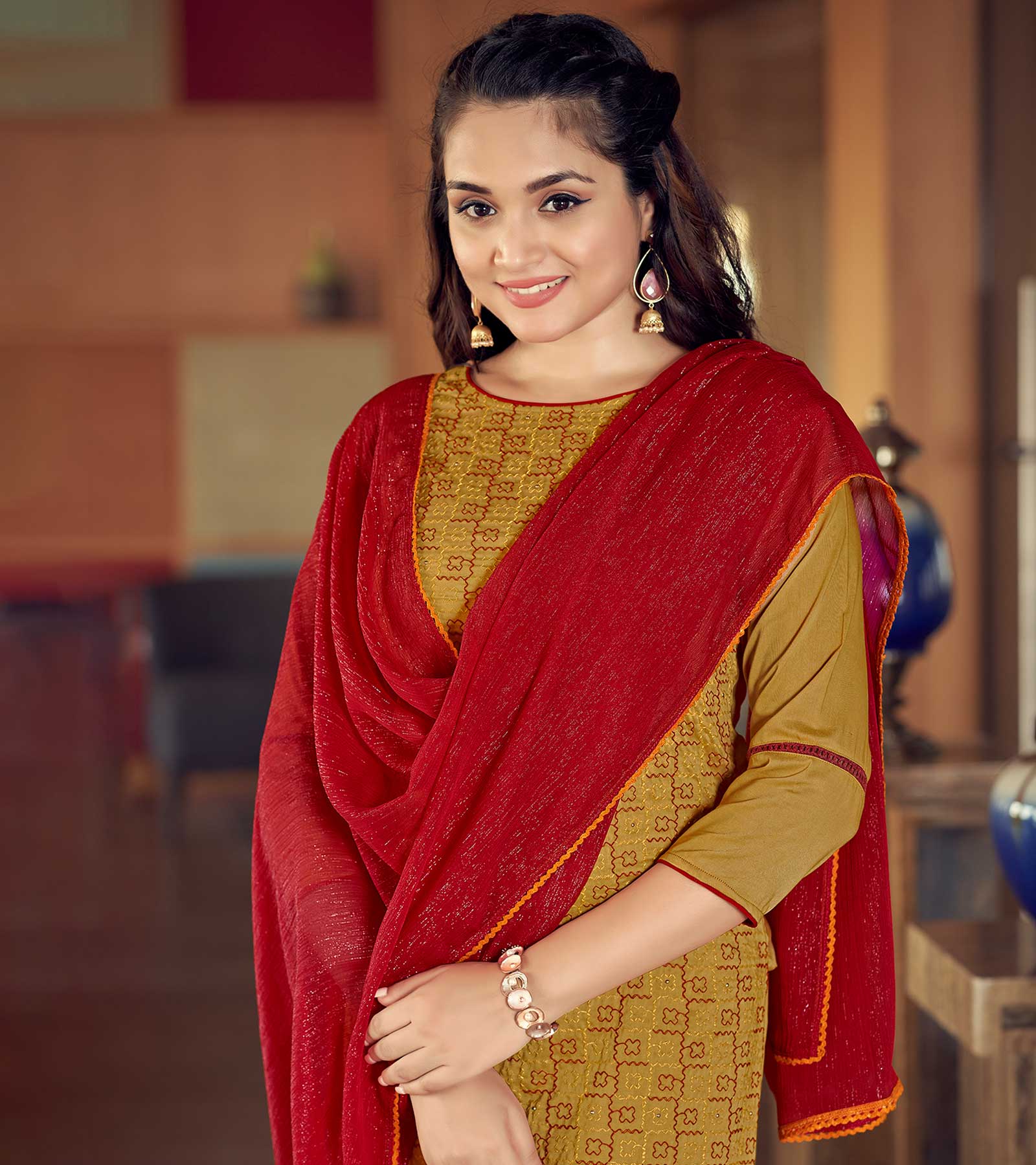 Laxmipati Meri Gold Straight Cut Kurti, Pant & Dupatta