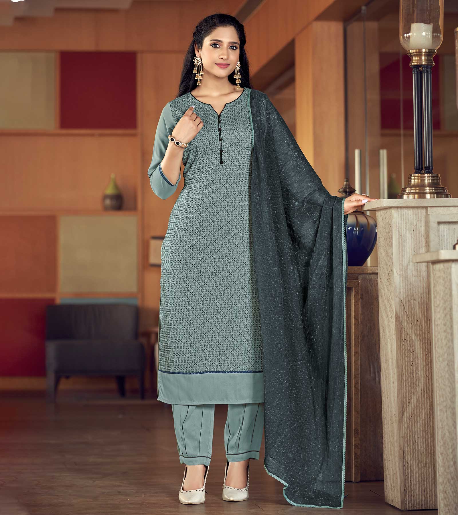 Laxmipati Mint Macaron Straight Cut Kurti, Pant & Dupatta