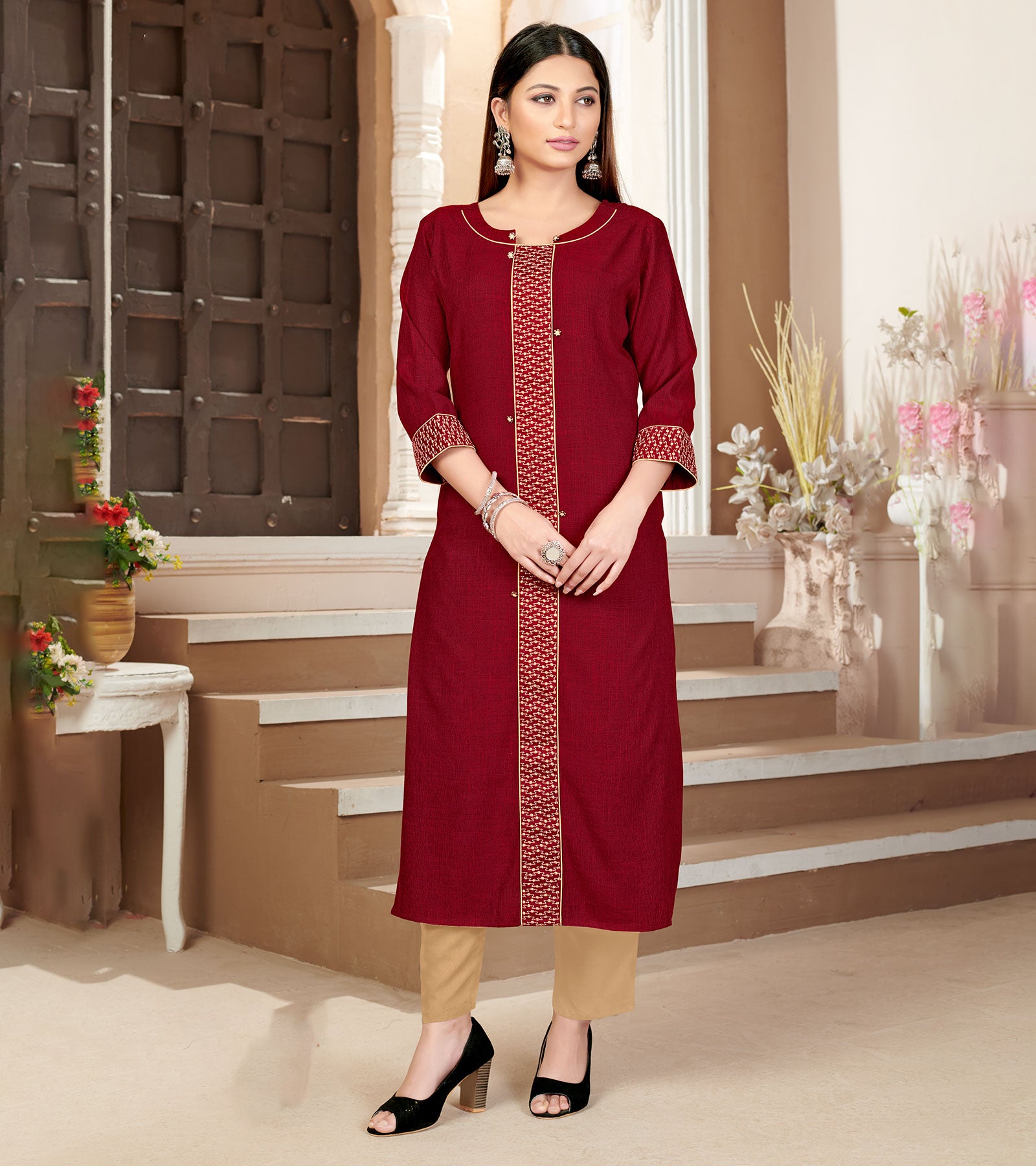 Laxmipati Rayon Cross Garnet Red Beautifully Placed Embroidered Boarder Straightfit Kurti With Evergreen Necklines, Enhancing With Stylish Button .