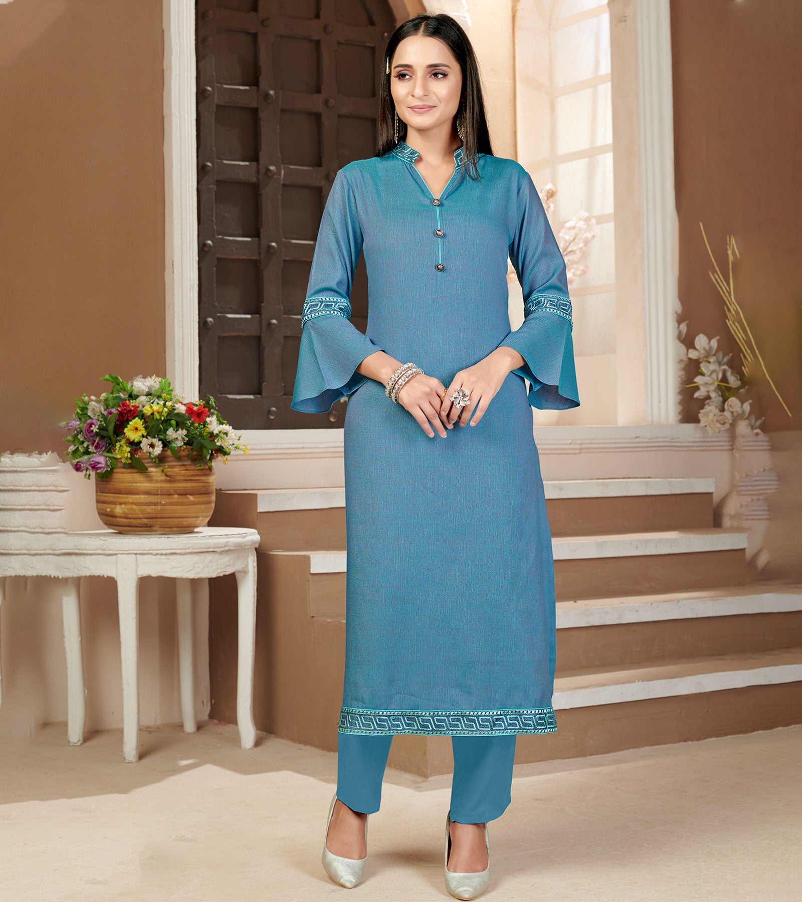 Laxmipati Rayon Cross Boho Blue Beautifully Placed Embroidered Boarder Straightfit Kurti With Evergreen Necklines, Enhancing With Stylish Button .