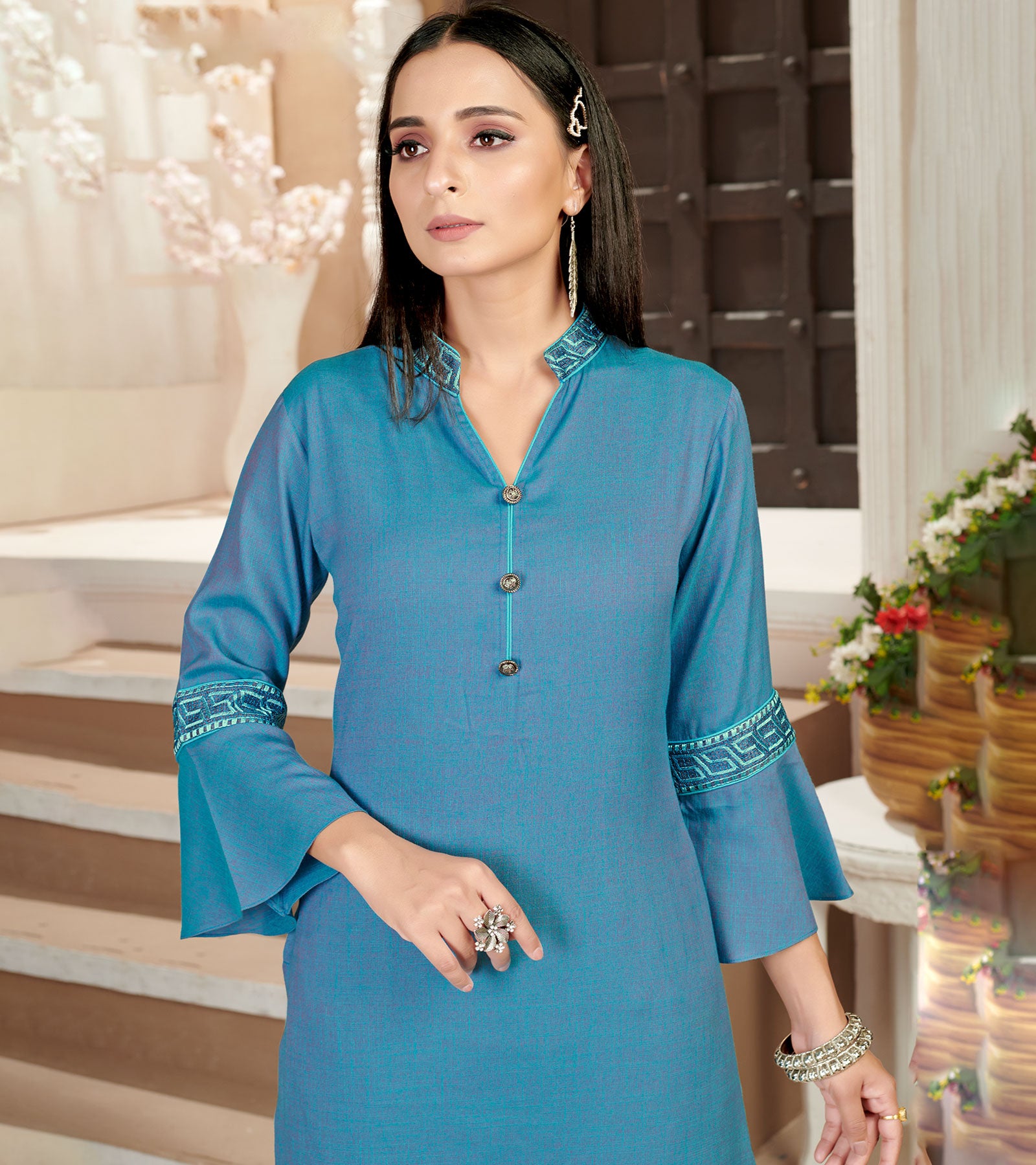 Laxmipati Rayon Cross Boho Blue Beautifully Placed Embroidered Boarder Straightfit Kurti With Evergreen Necklines, Enhancing With Stylish Button .