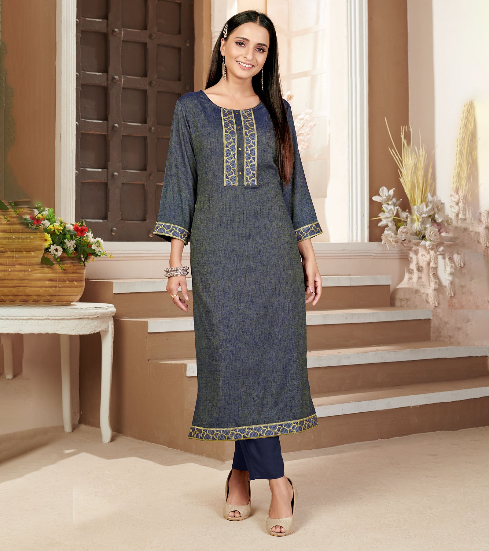 Laxmipati Rayon Cross Prussian Beautifully Placed Embroidered Boarder Straightfit Kurti With Evergreen Necklines, Enhancing With Stylish Button .