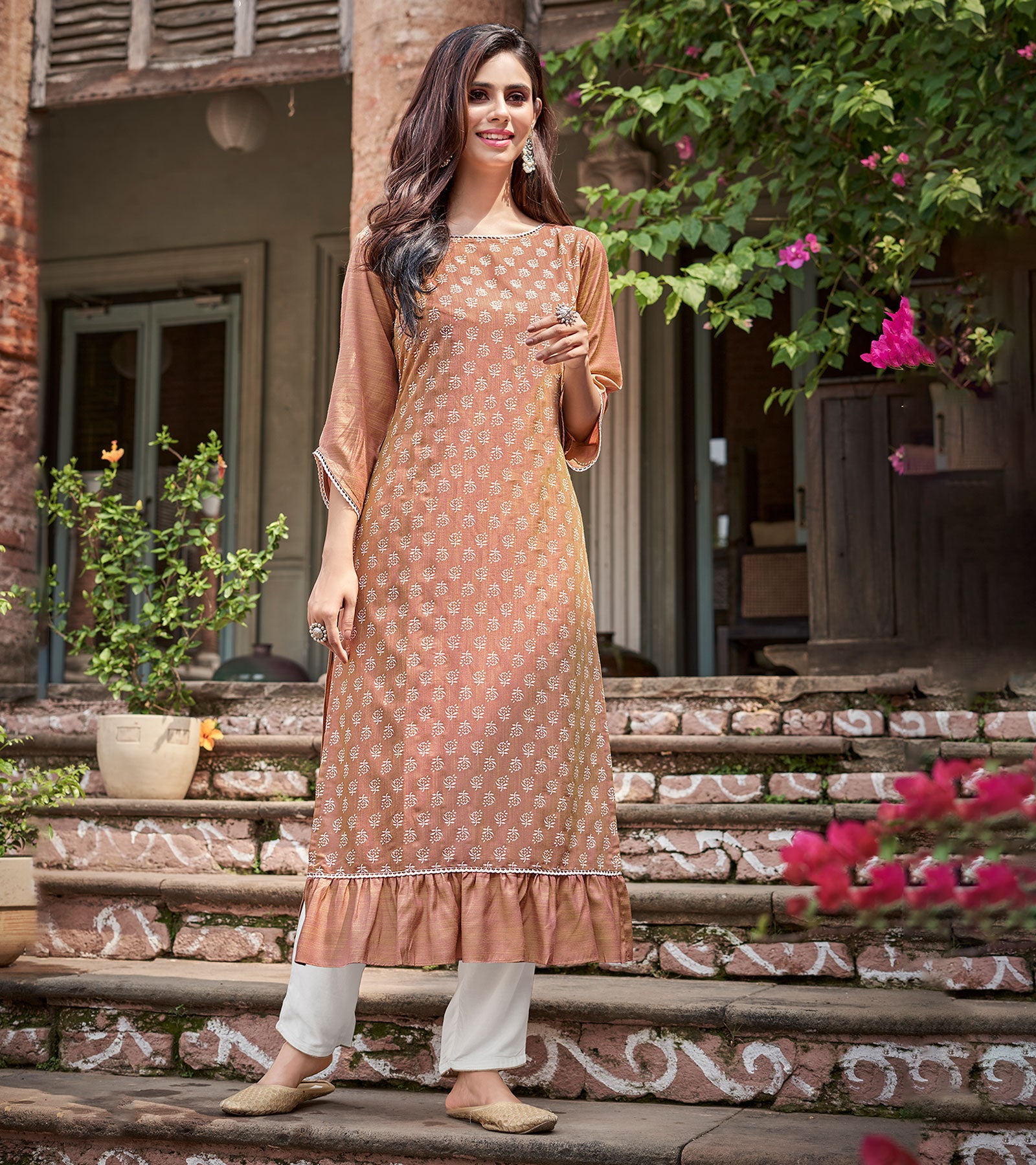 Laxmipati Nabulla (Fine Cotton) Caramel Color Straight Cut Kurti