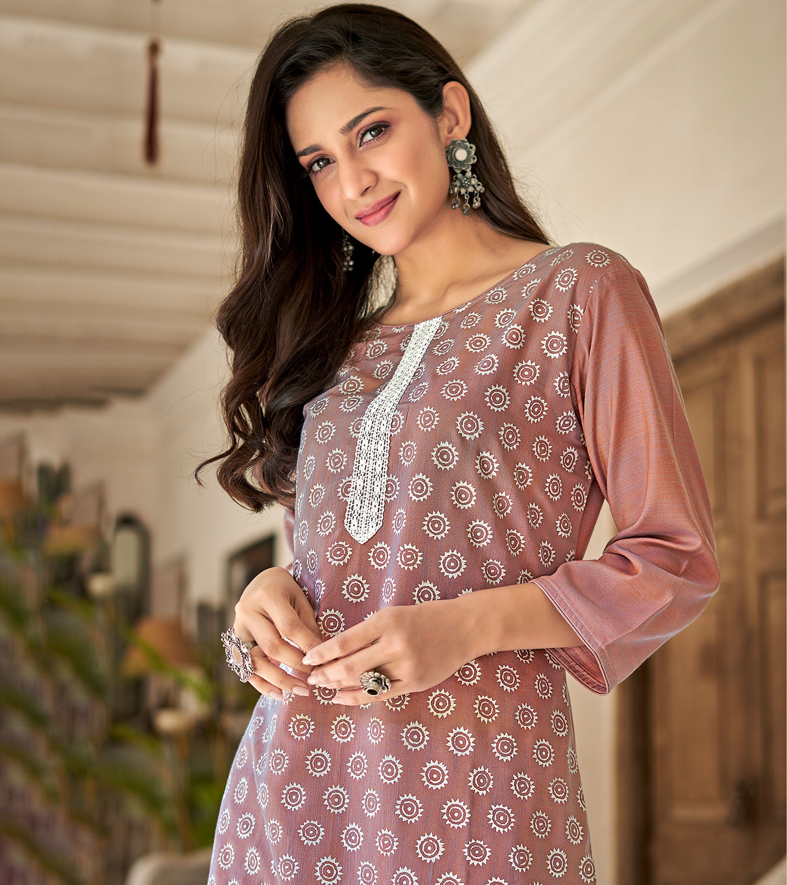 Laxmipati Nabulla (Fine Cotton) Saddle Mauve Straight Cut Kurti
