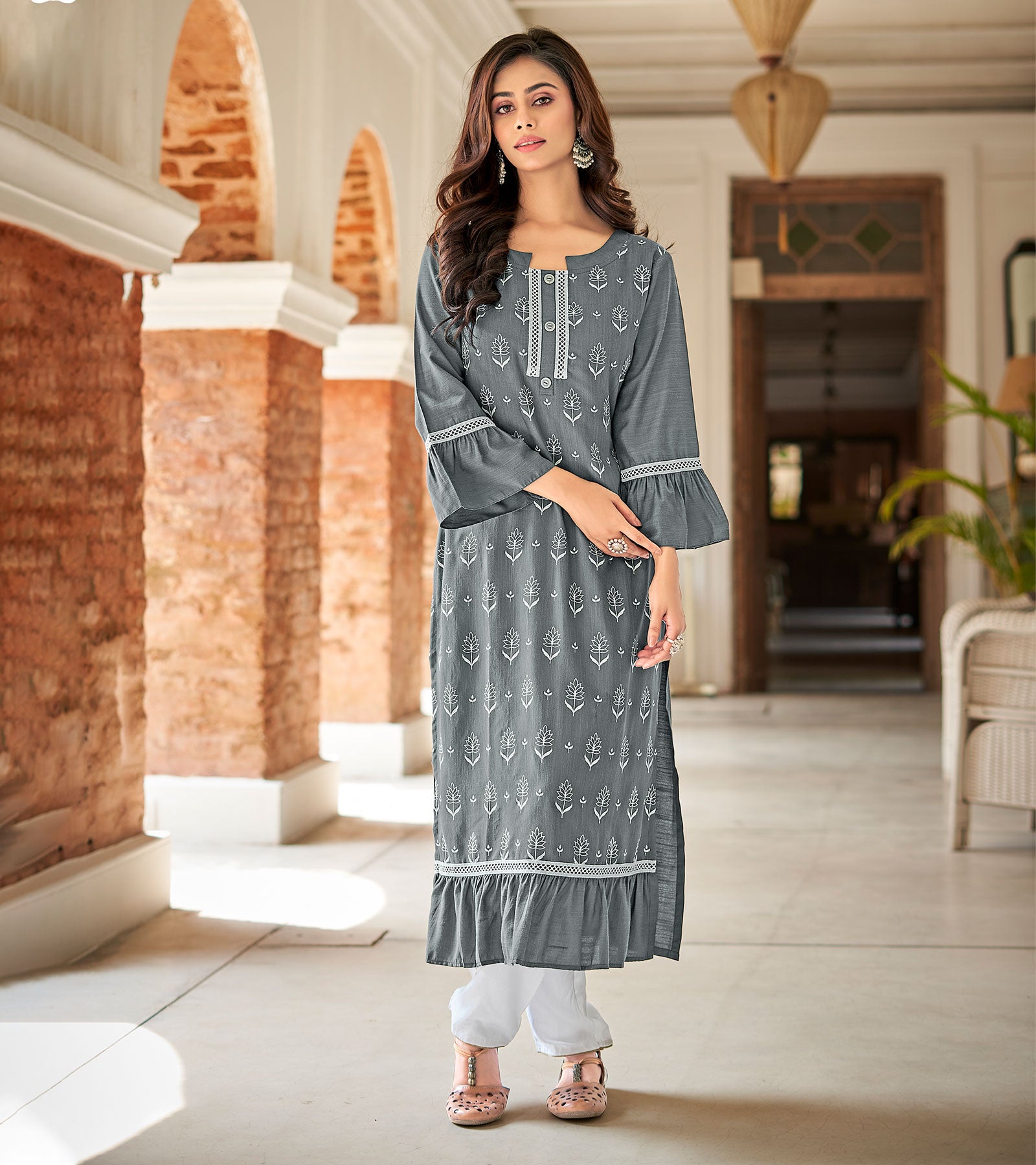 Laxmipati Nabulla (Fine Cotton) Moon grey Straight Cut Kurti