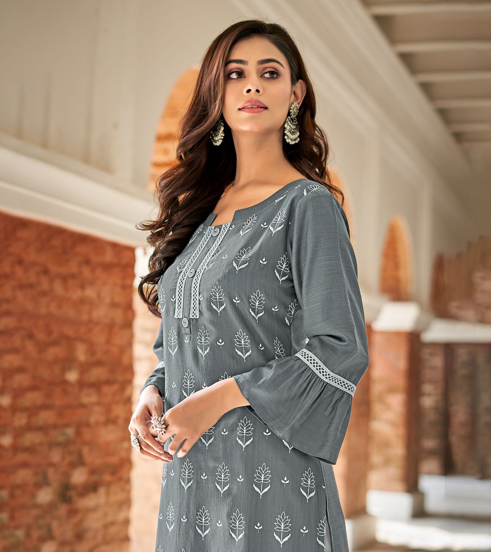 Laxmipati Nabulla (Fine Cotton) Moon grey Straight Cut Kurti