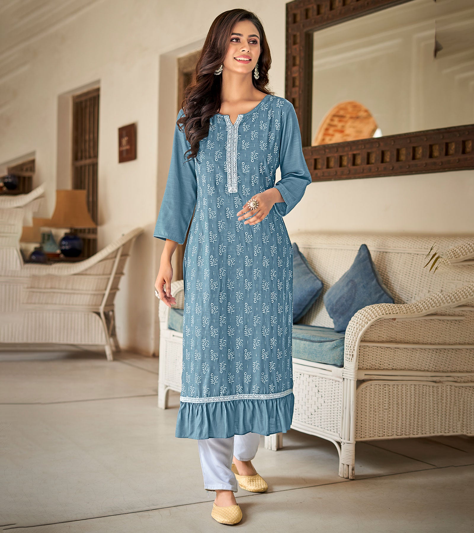 Laxmipati Nabulla (Fine Cotton) Icy Blue Grey Straight Cut Kurti