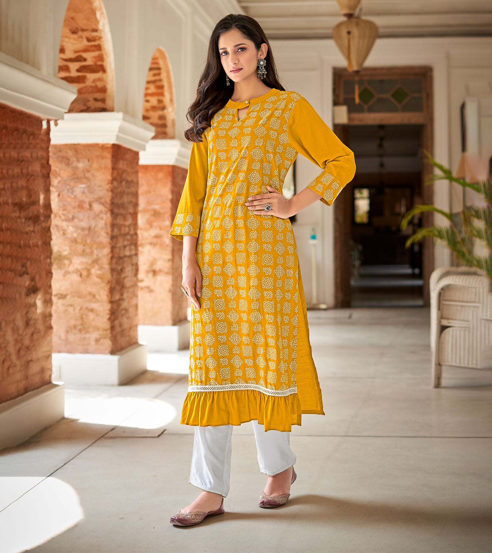 Laxmipati Nabulla (Fine Cotton) Amber Colour Straight Cut Kurti