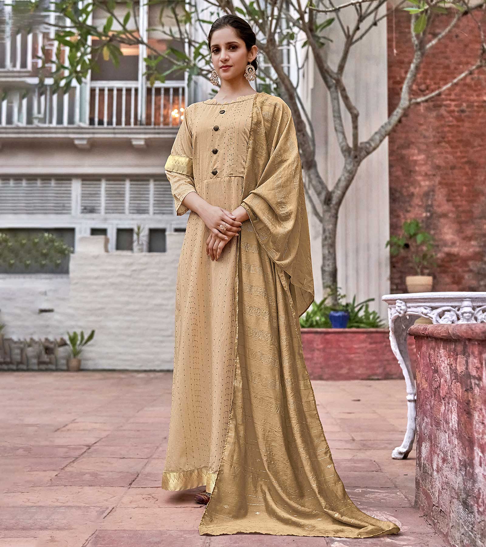 Laxmipati Muslin Brown Flaired Length Gown With Dupatta