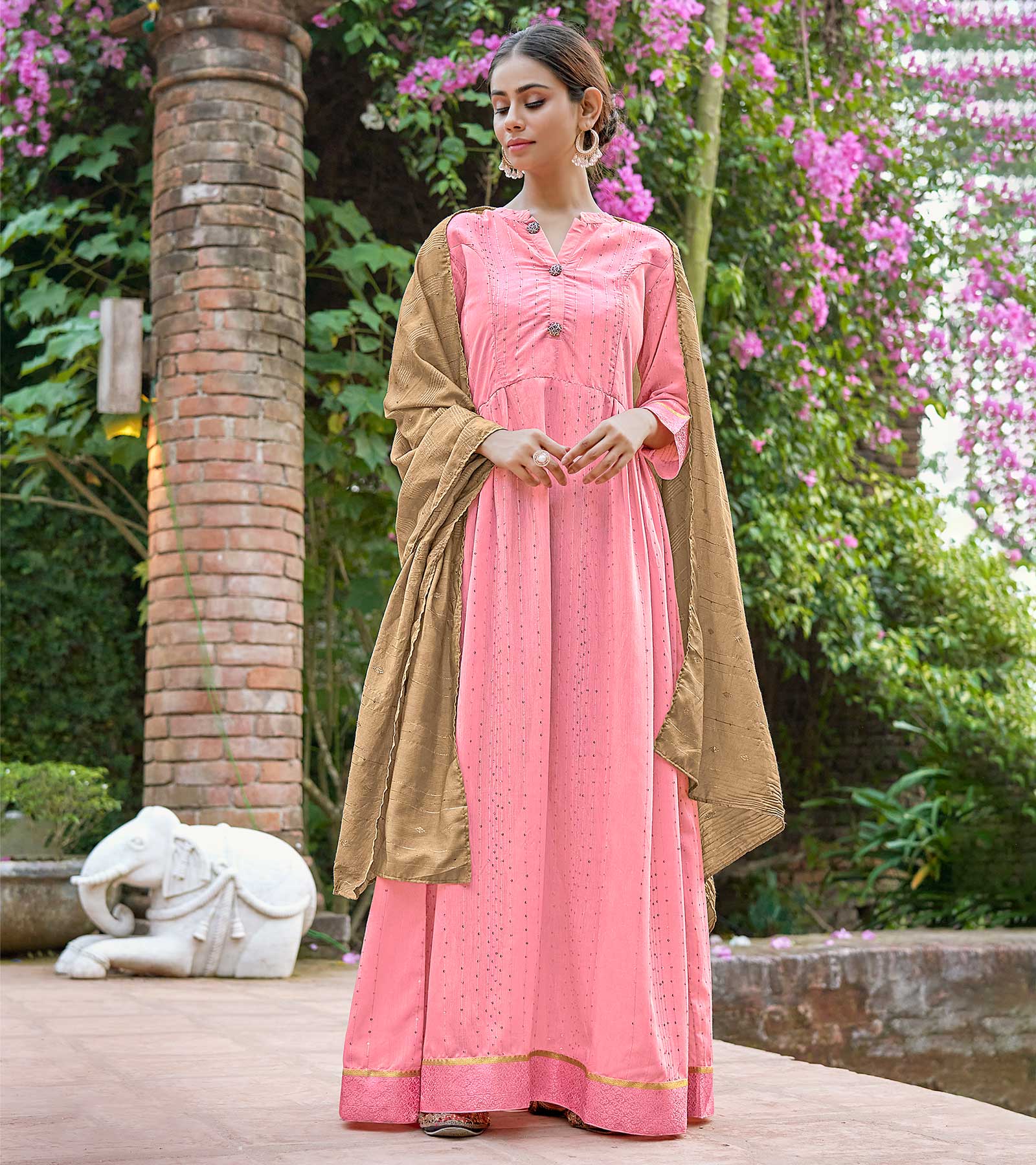Laxmipati Muslin Pink Flaired Length Gown With Dupatta