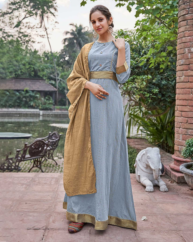 Laxmipati Muslin Mint Blue Flaired Length Gown With Dupatta