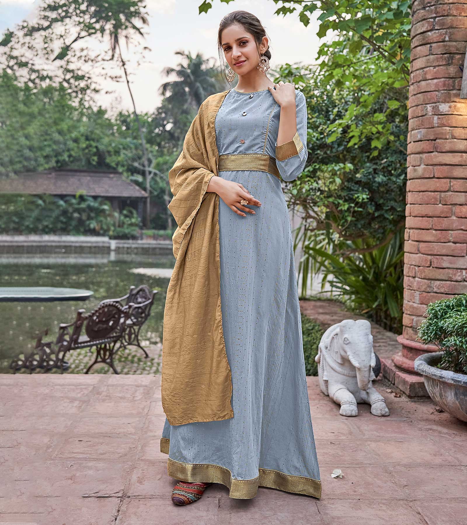 Laxmipati Muslin Mint Blue Flaired Length Gown With Dupatta