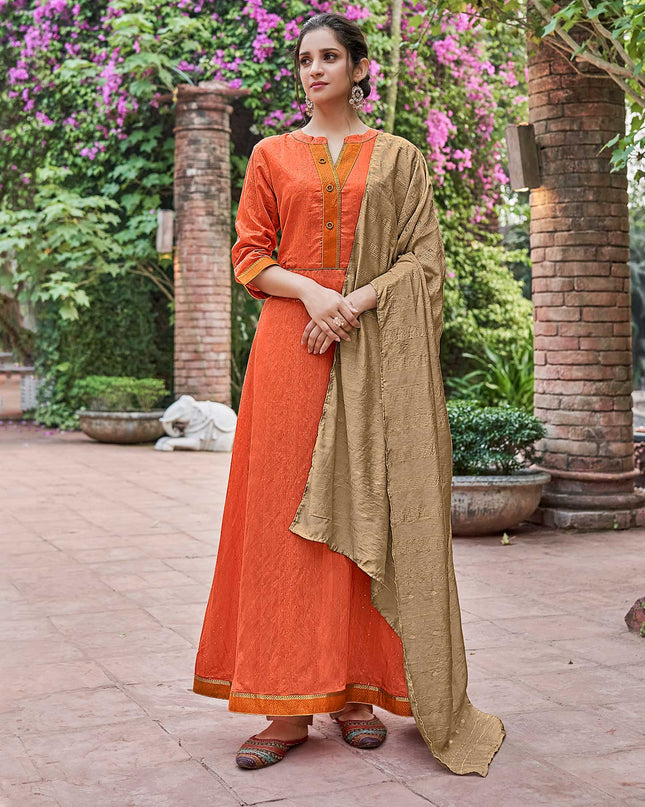 Laxmipati Muslin Orange Flaired Length Gown With Dupatta