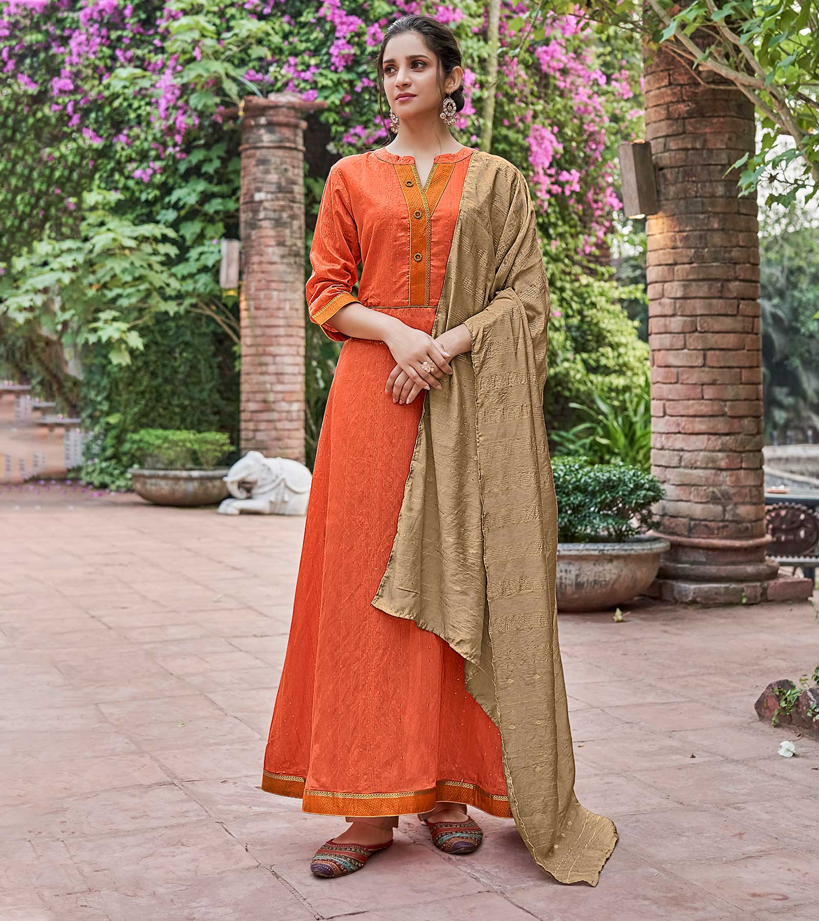 Laxmipati Muslin Orange Flaired Length Gown With Dupatta
