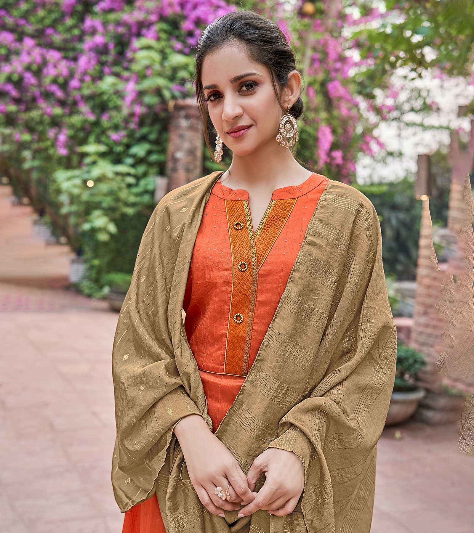 Laxmipati Muslin Orange Flaired Length Gown With Dupatta