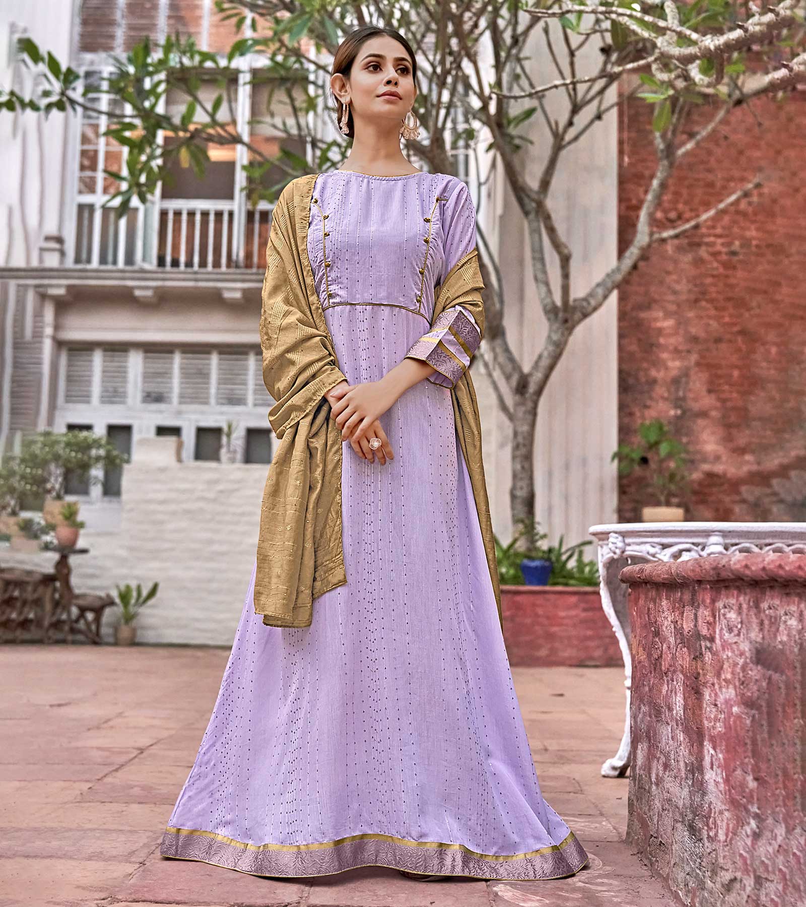Laxmipati Muslin Roman Purple Flaired Length Gown With Dupatta