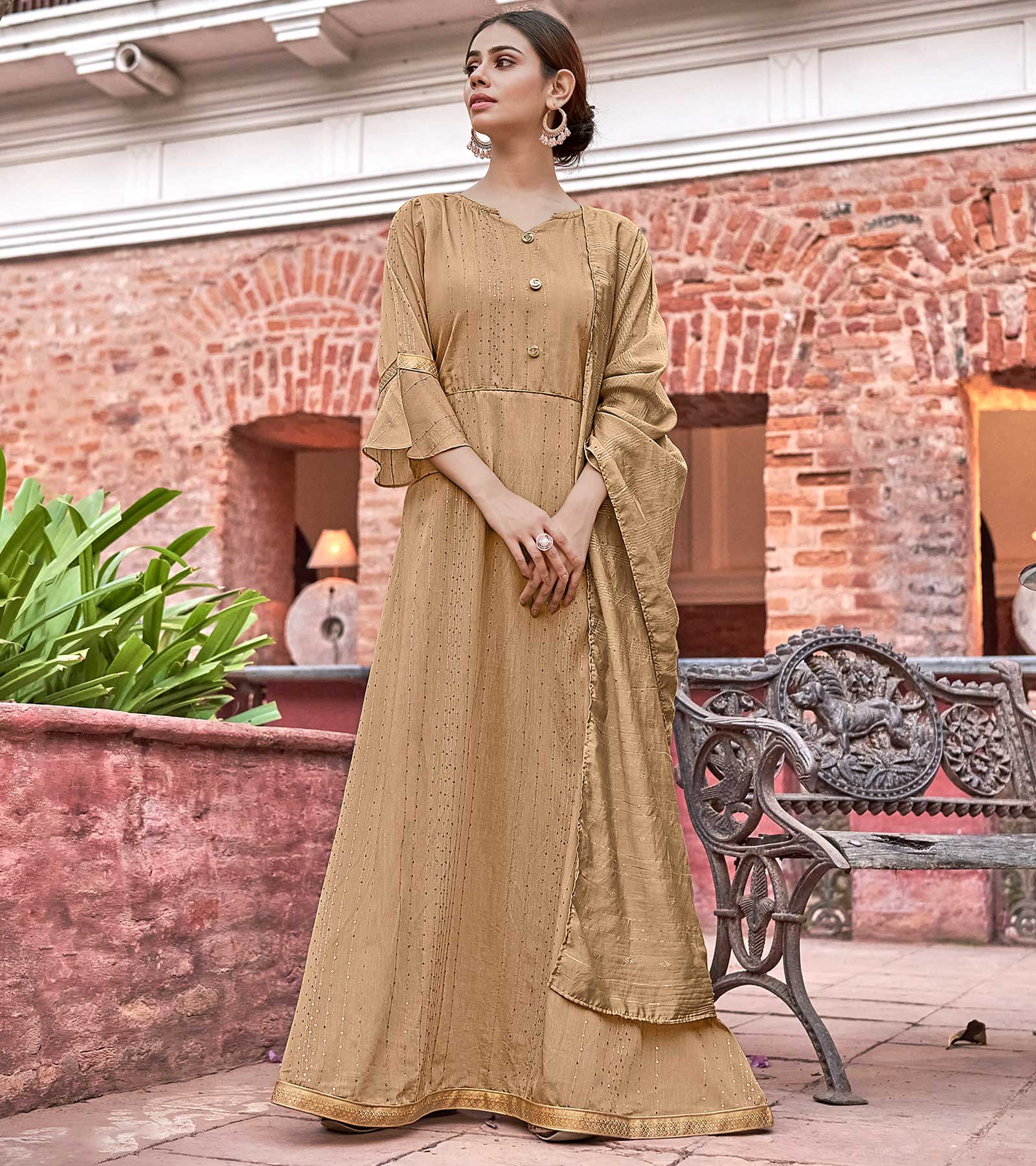Laxmipati Muslin Golden Brown Flaired Length Gown With Dupatta – Laxmipati Sarees
