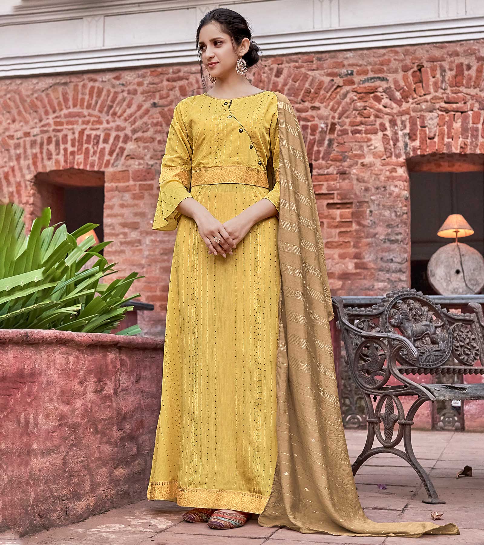 Laxmipati Muslin Luminating Yellow Flaired Length Gown With Dupatta