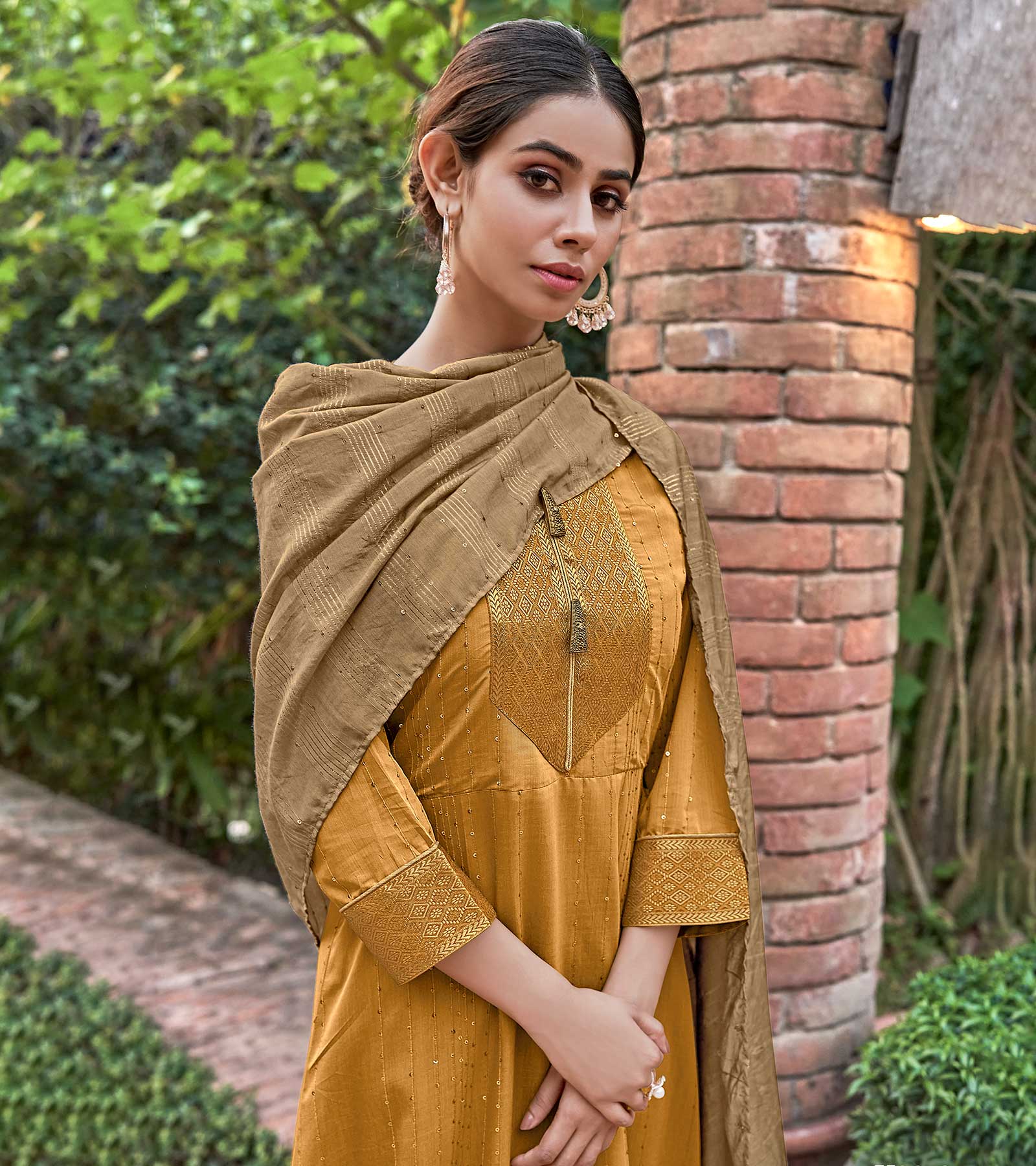 Laxmipati Muslin Majestique Musturd Flaired Length Gown With Dupatta