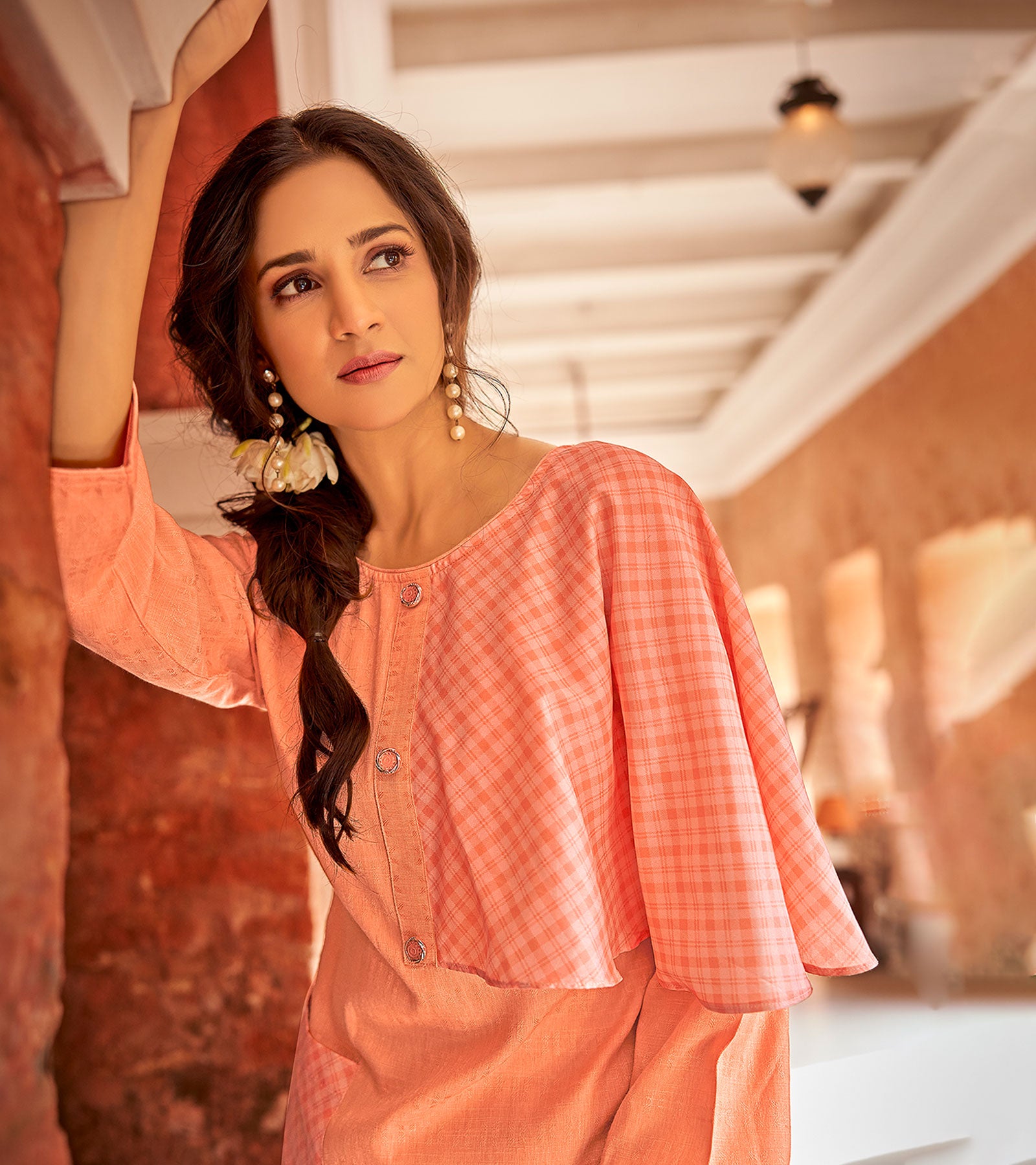 Laxmipati Cotton Coral Peach STRAIGHT CUT KURTI WITH SELF TEXTURED WORK