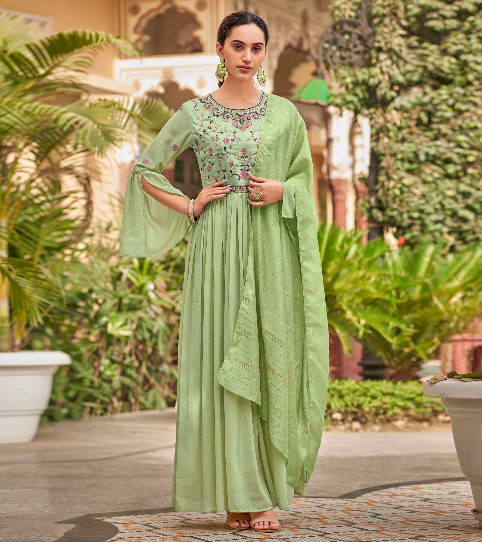 Laxmipati Baby Georgette Lime Green Sequence Embroidery Full Length Georgette Gown With Fancy Viscoss Duppata