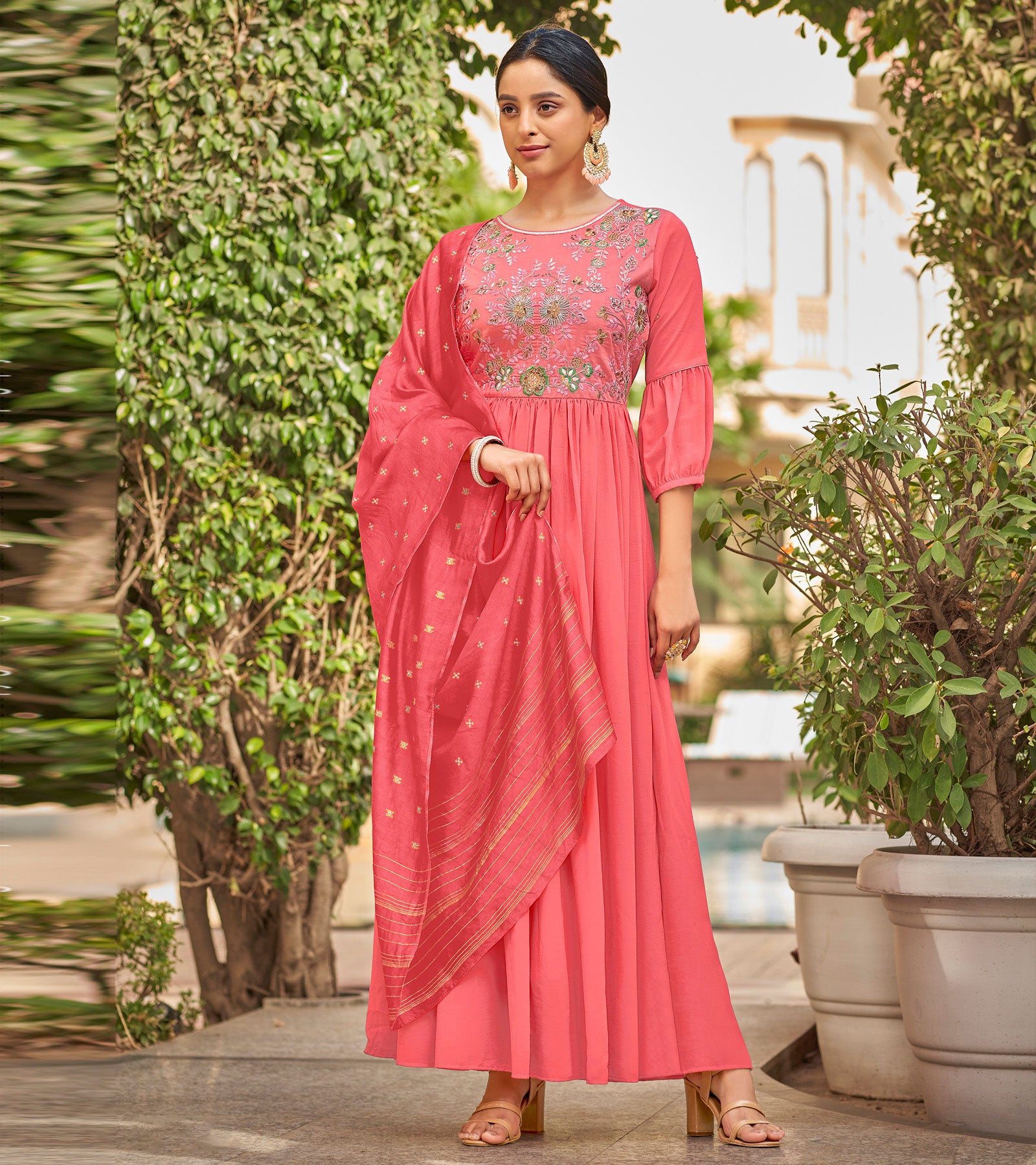 Laxmipati Baby Georgette Watermelon Peach Pink Sequence Embroidery Full Length Georgette Gown With Fancy Viscoss Duppata