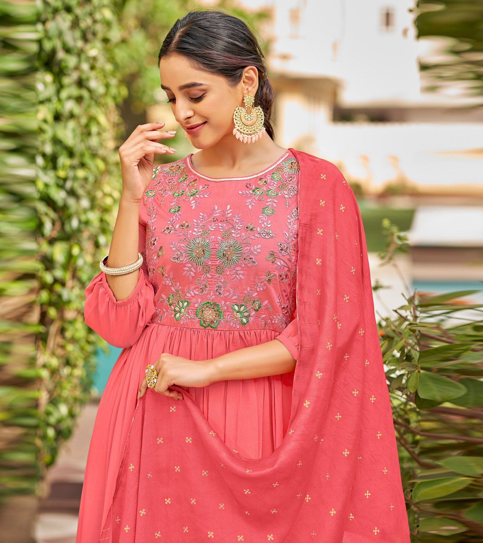 Laxmipati Baby Georgette Watermelon Peach Pink Sequence Embroidery Full Length Georgette Gown With Fancy Viscoss Duppata