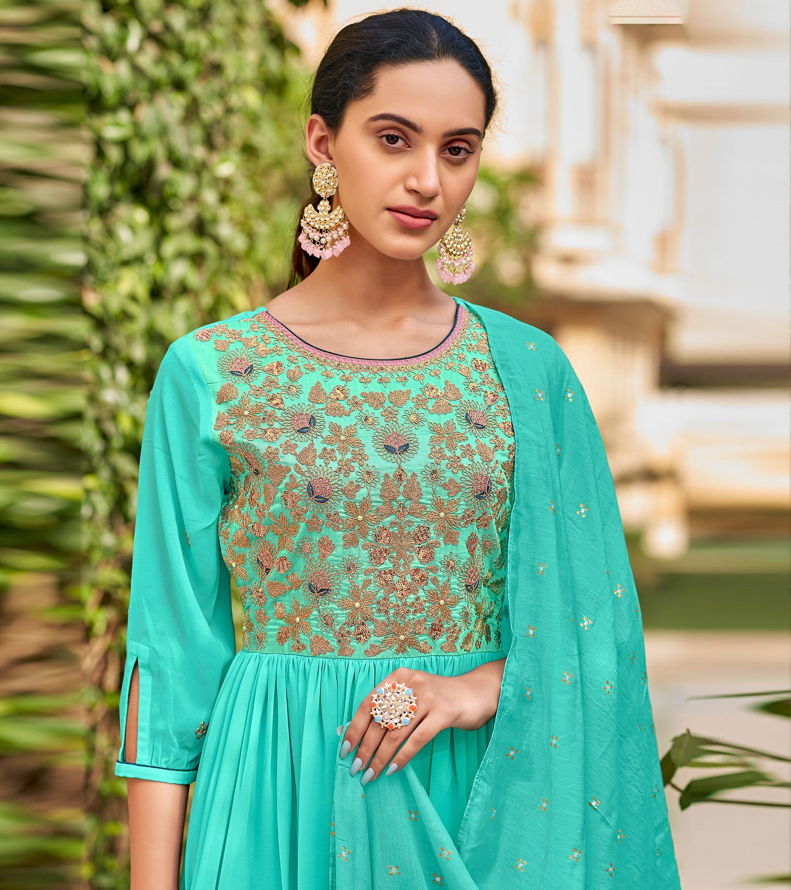 Laxmipati Baby Georgette Cyan Blue Sequence Embroidery Full Length Georgette Gown With Fancy Viscoss Duppata