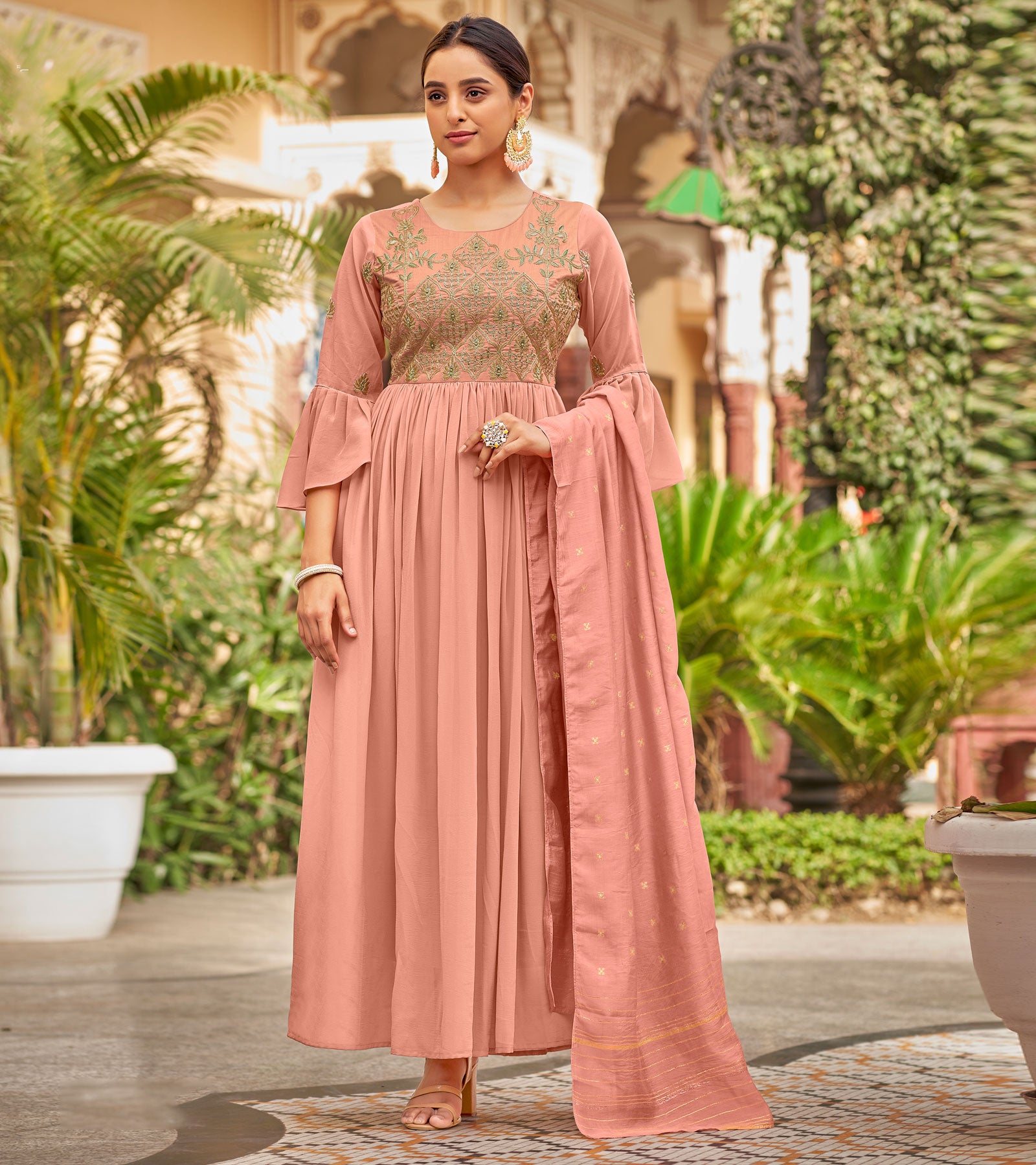 Laxmipati Baby Georgette Mauvelous Pink Sequence Embroidery Full Length Georgette Gown With Fancy Viscoss Duppata