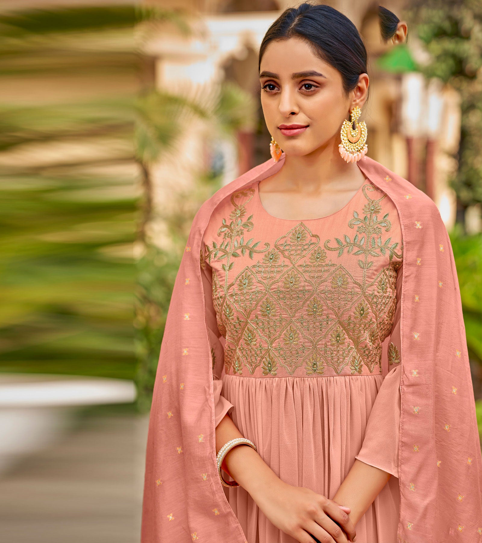 Laxmipati Baby Georgette Mauvelous Pink Sequence Embroidery Full Length Georgette Gown With Fancy Viscoss Duppata