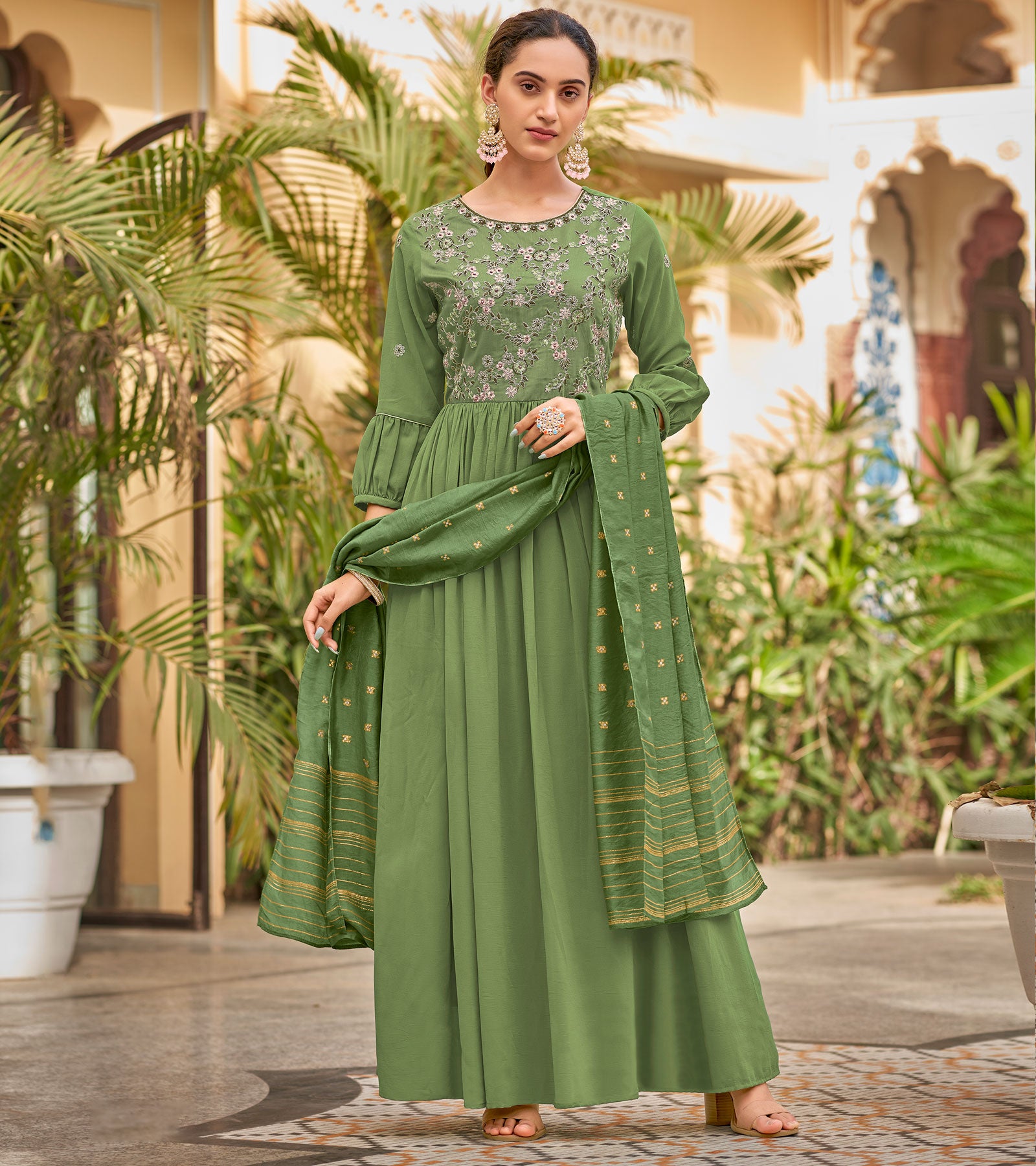 Laxmipati Baby Georgette Fern Green Sequence Embroidery Full Length Georgette Gown With Fancy Viscoss Duppata