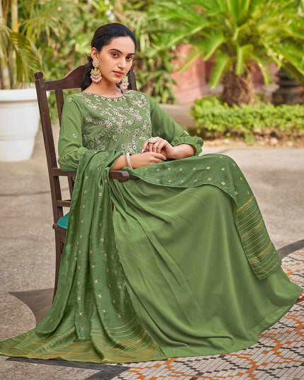 Laxmipati Baby Georgette Fern Green Sequence Embroidery Full Length Georgette Gown With Fancy Viscoss Duppata