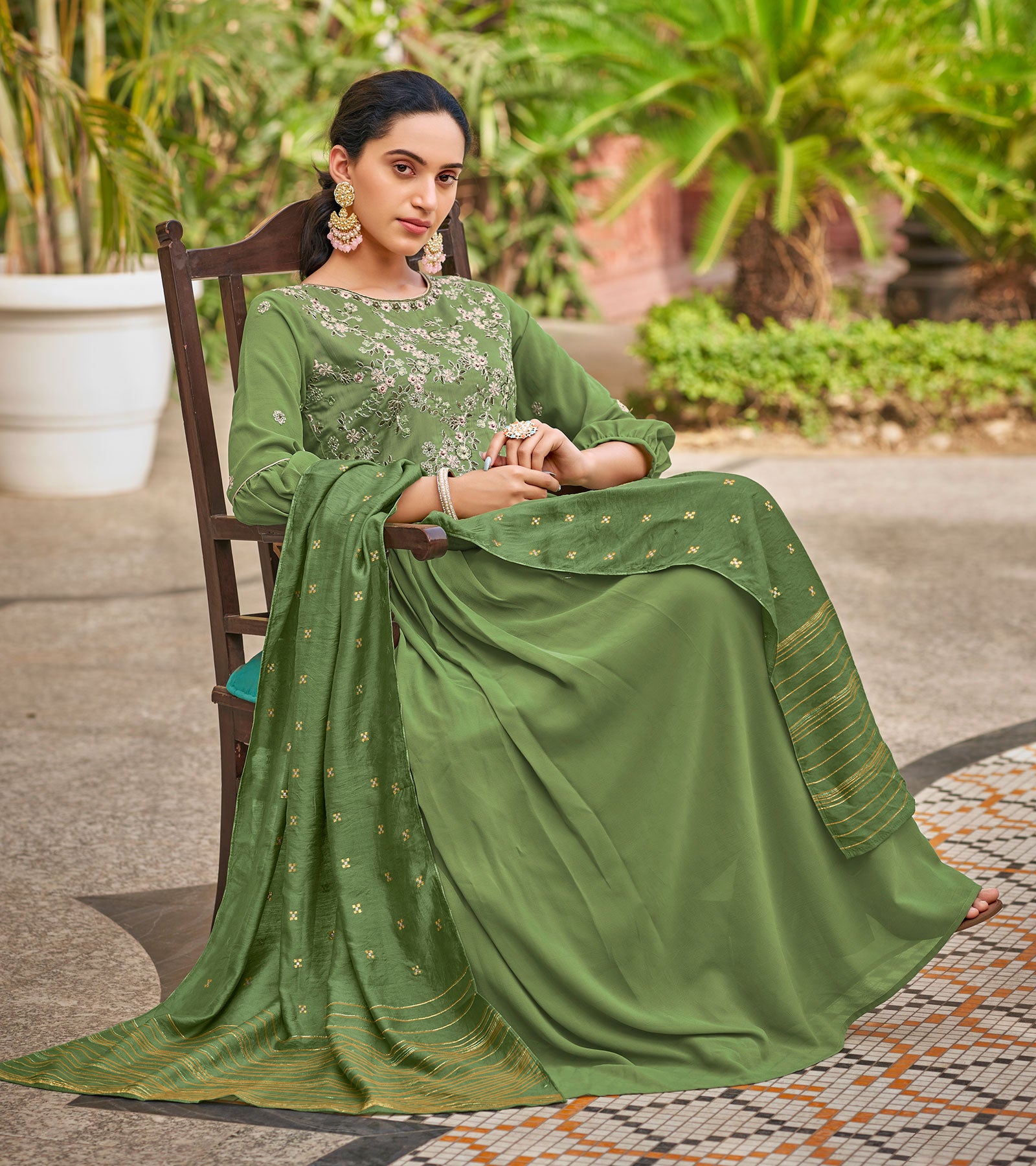 Laxmipati Baby Georgette Fern Green Sequence Embroidery Full Length Georgette Gown With Fancy Viscoss Duppata