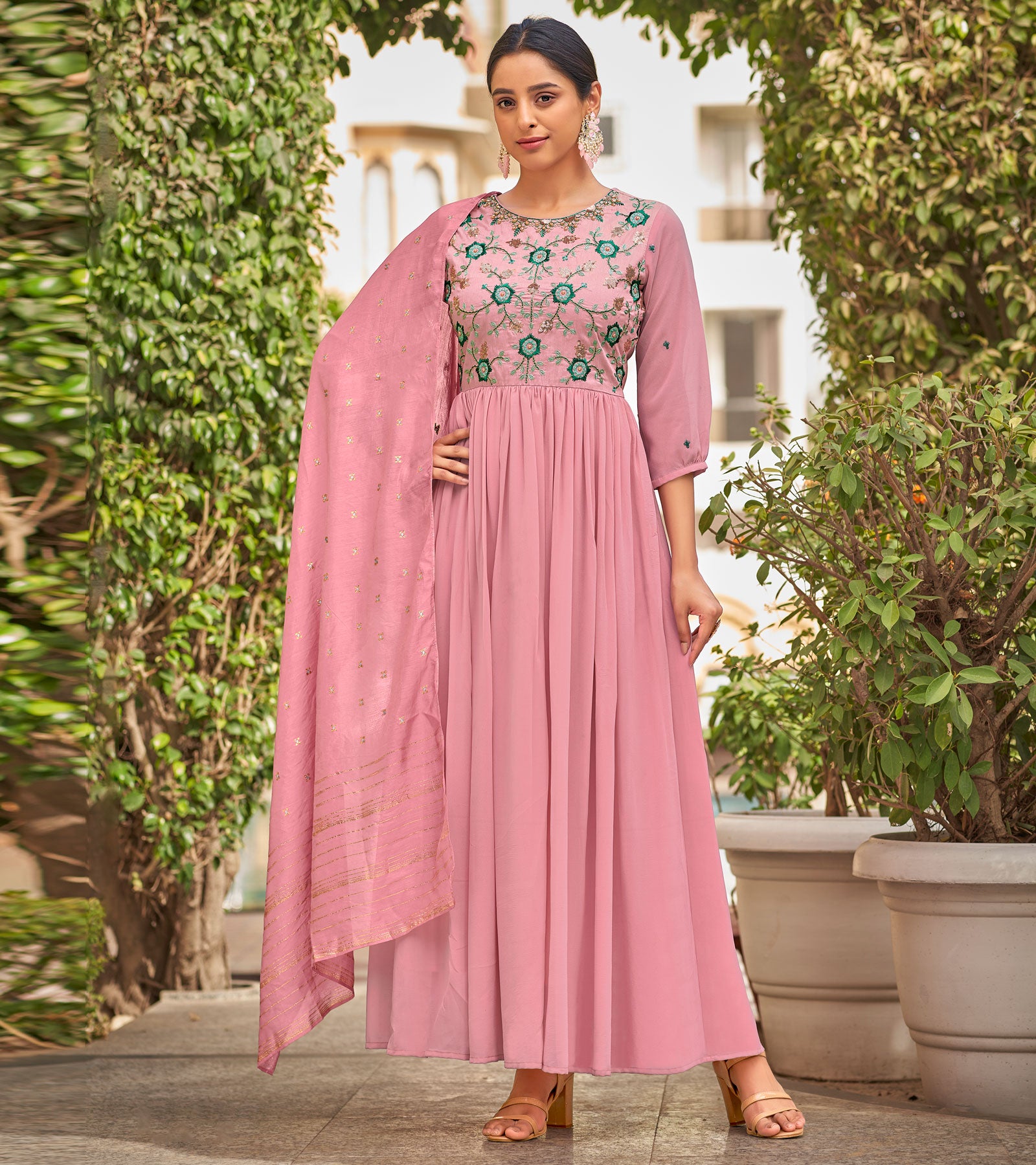 Laxmipati Baby Georgette Rose Pink Sequence Embroidery Full Length Georgette Gown With Fancy Viscoss Duppata