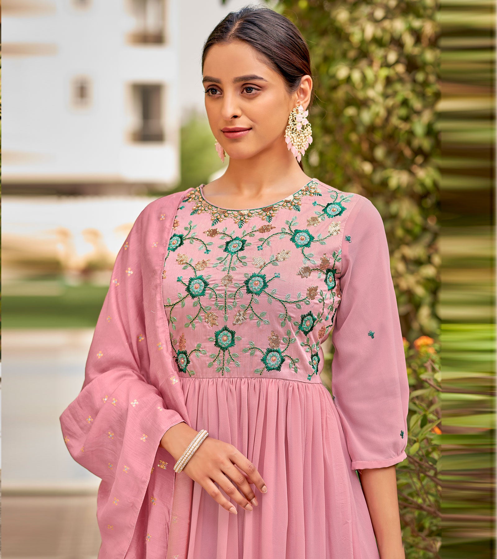 Laxmipati Baby Georgette Rose Pink Sequence Embroidery Full Length Georgette Gown With Fancy Viscoss Duppata