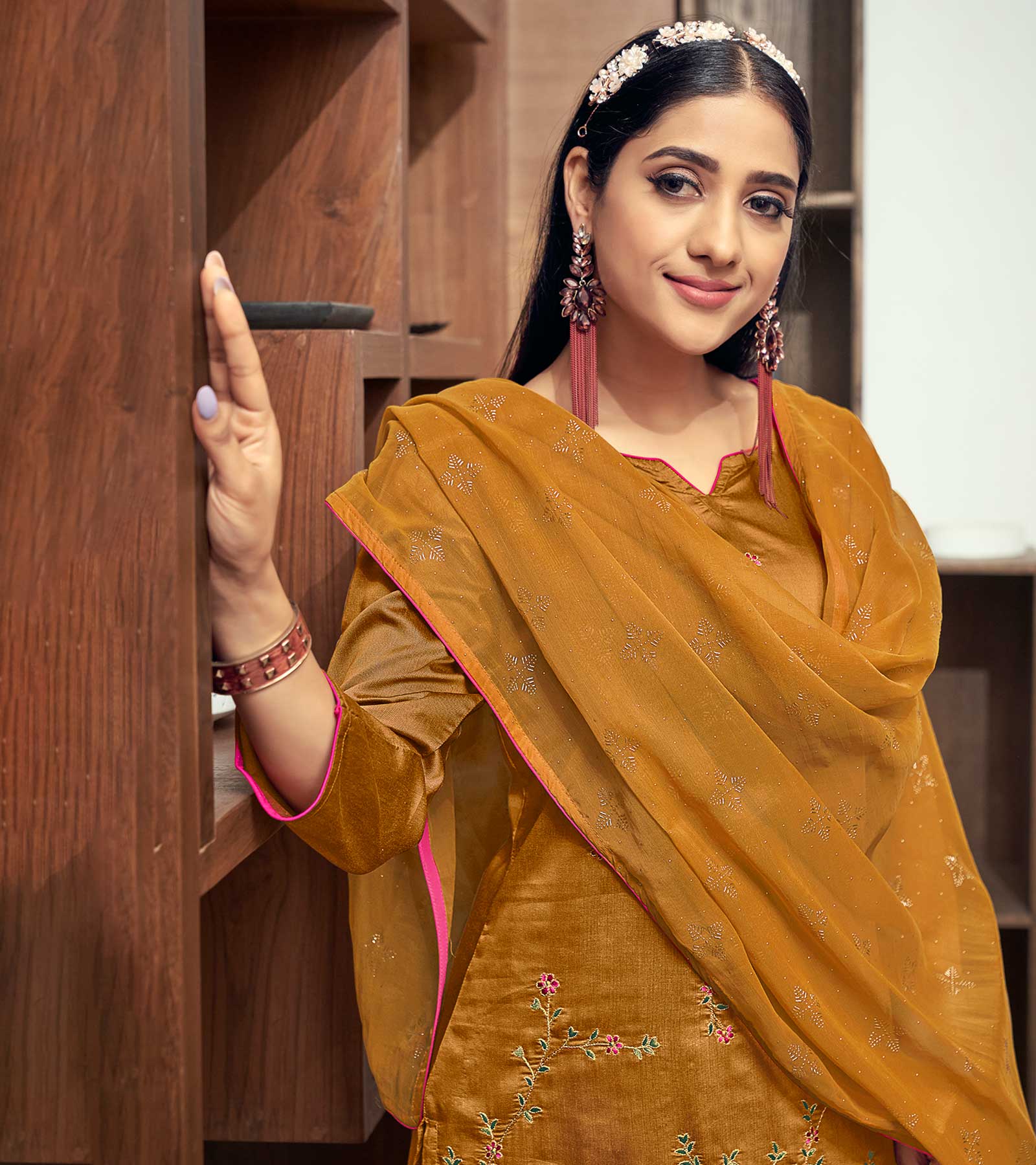 Laxmipati Rust Yellow Straight Cut Kurti, Pant & Dupatta