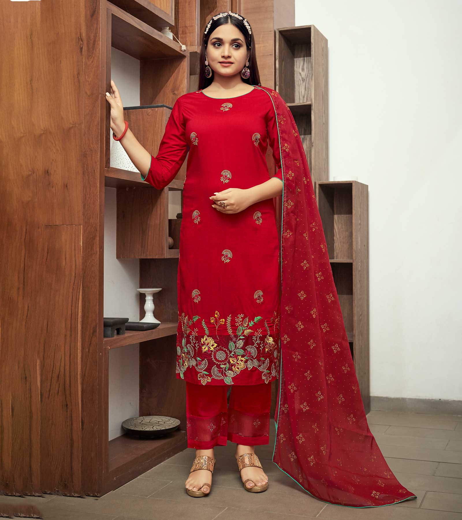 Laxmipati Candey Red Straight Cut Kurti, Pant & Dupatta