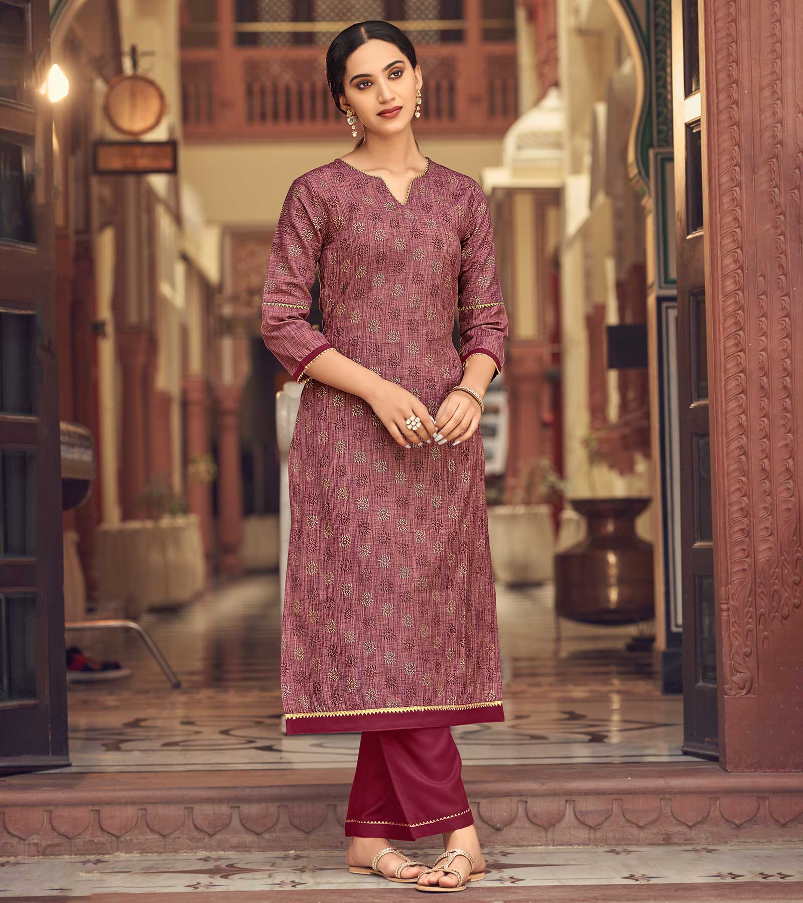 Laxmipati Cotton Maroon Straight Cut Kurti With Pant